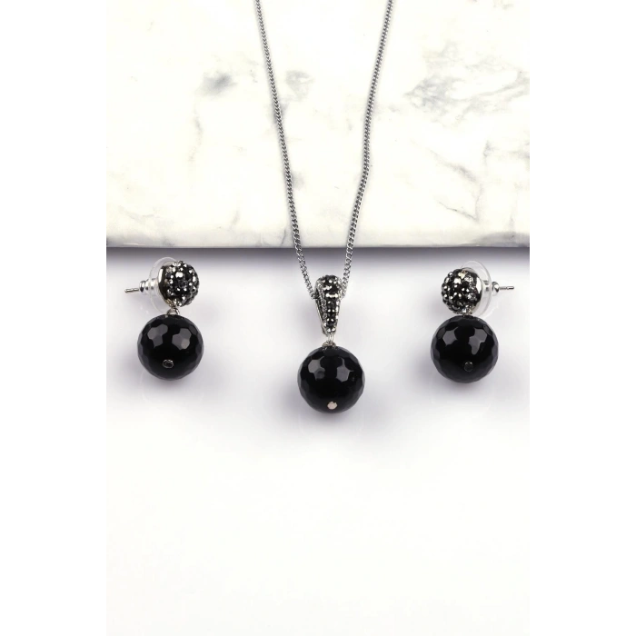 Oniks Doğal Taş Fasetli Kesim Kolye - Küpe 2li Set