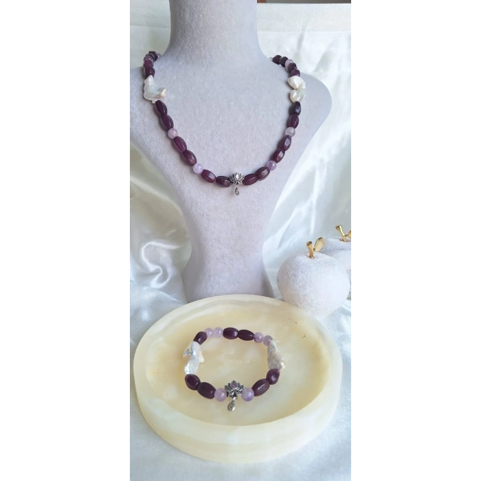 925 AYAR GÜMÜŞ KAPAMALI AMETİST VE İNCİ DOĞAL TAŞ TAKIM