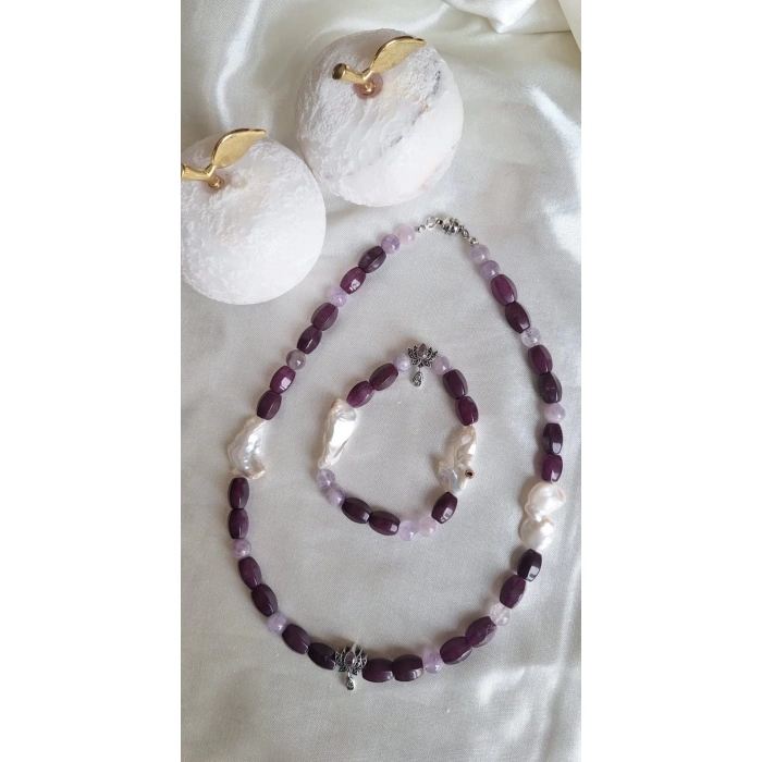 925 AYAR GÜMÜŞ KAPAMALI AMETİST VE İNCİ DOĞAL TAŞ TAKIM