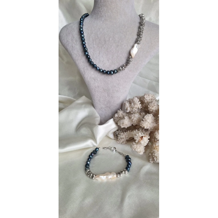 925 AYAR GÜMÜŞ KAPAMALI SİYAH İNCİ VE LAV TAŞI ZARİF KOLYE BİLEKLİK SET