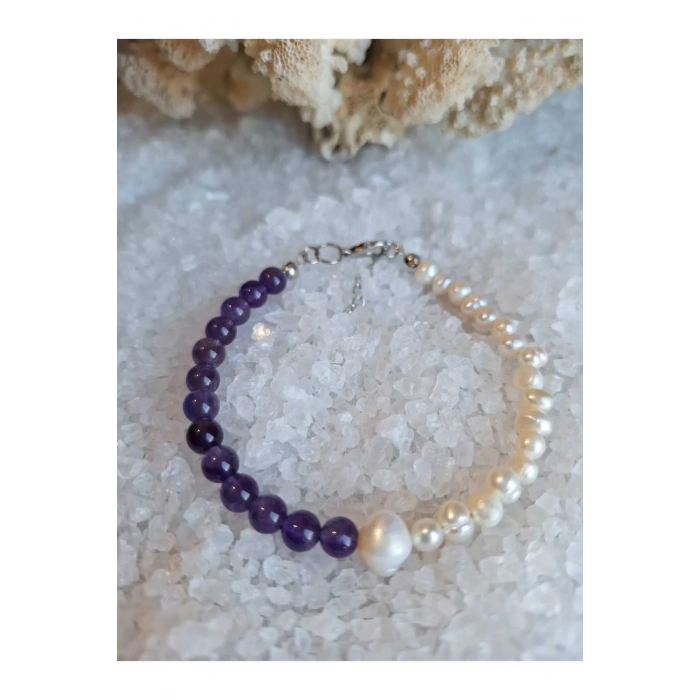 AMETİST VE İNCİ DOĞAL TAŞ BİLEKLİK 20CM