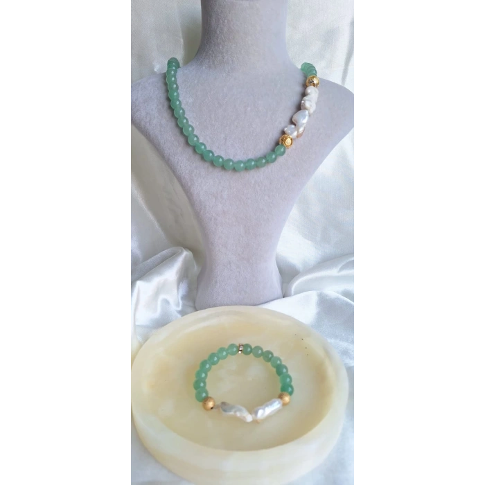 Aventurin ve Amorf İnci 925 Ayar Gümüş Kapamalı Doğal taş Kolye bileklik takım