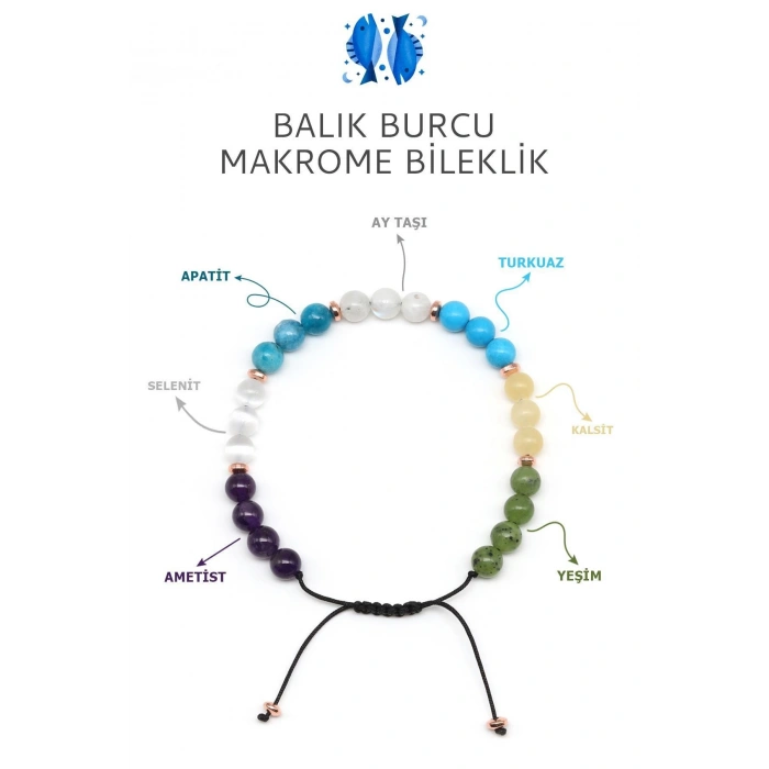Balık Burcu Taşlarından Oluşan Doğal Taş Makrome Bileklik 6 mm Küre Kesim - Burç Bilekliği