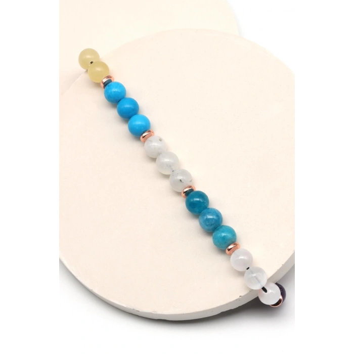 Balık Burcu Taşlarından Oluşan Doğal Taş Makrome Bileklik 6 mm Küre Kesim - Burç Bilekliği