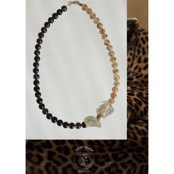 Dumanlı kuvars ve Sitrin Doğal taş kolye 30cm