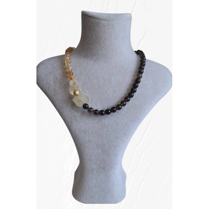 Dumanlı kuvars ve Sitrin Doğal taş kolye 30cm