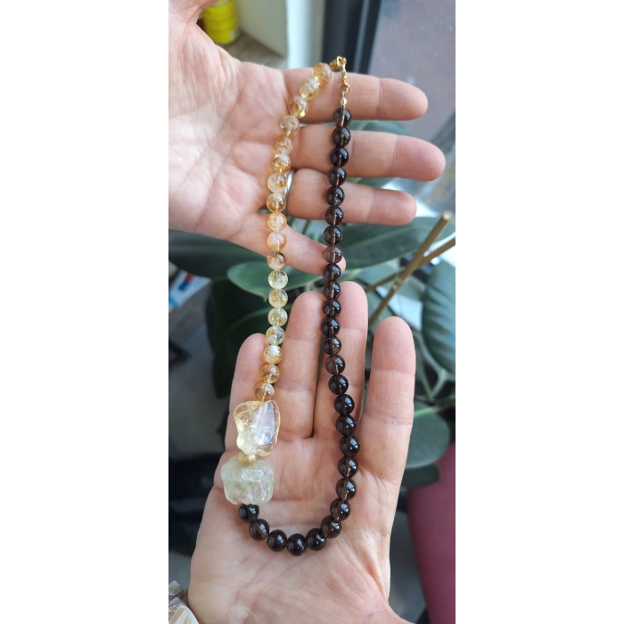 Dumanlı kuvars ve Sitrin Doğal taş kolye 30cm