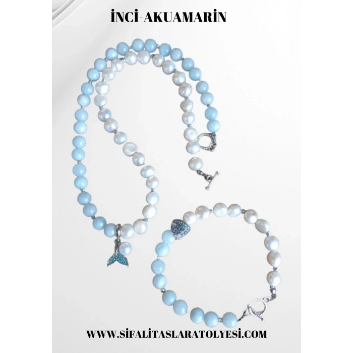 İNCİ VE AKUAMARİN KOLYE VE BİLEKLİK SET