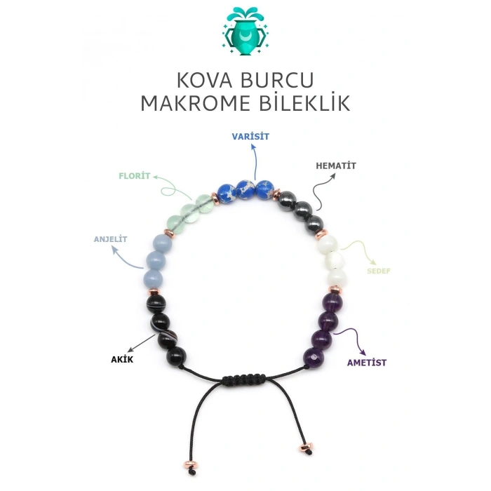 Kova Burcu Taşlarından Oluşan Doğal Taş Makrome Bileklik 6 mm Küre Kesim - Burç Bilekliği