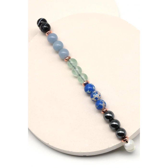 Kova Burcu Taşlarından Oluşan Doğal Taş Makrome Bileklik 6 mm Küre Kesim - Burç Bilekliği