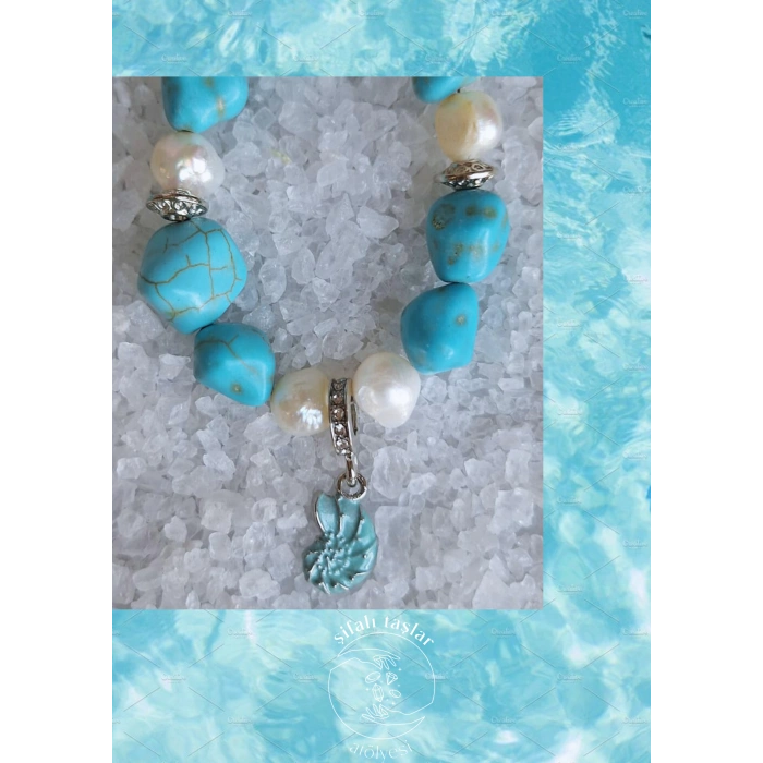 TURKUAZ VE İNCİ DOĞALTAŞ KOLYE