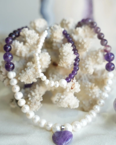 AMETİST VE İNCİ DOĞAL TAŞ KOLYE VE BİLEKLİK