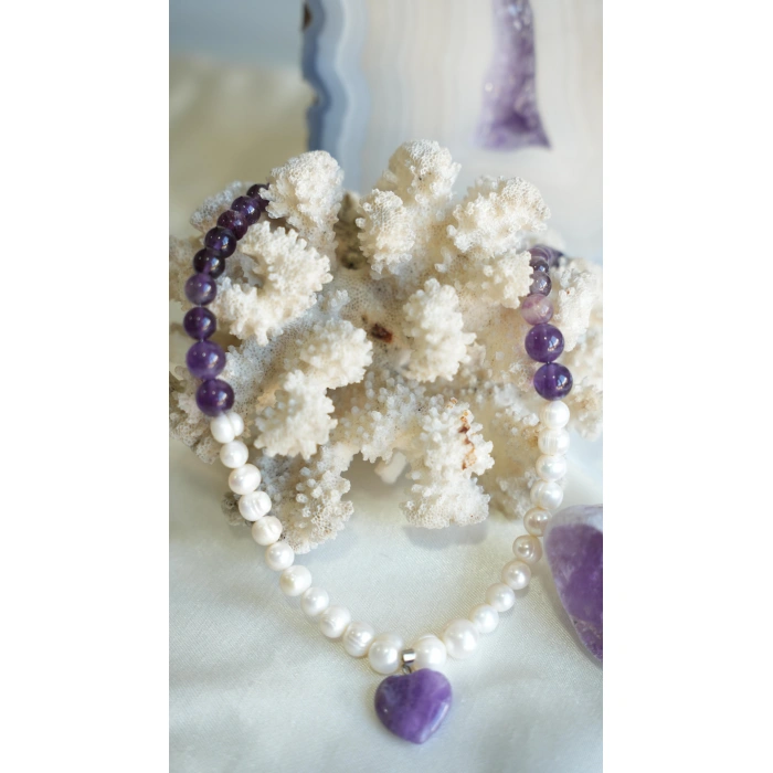 AMETİST VE İNCİ DOĞAL TAŞ KOLYE VE BİLEKLİK