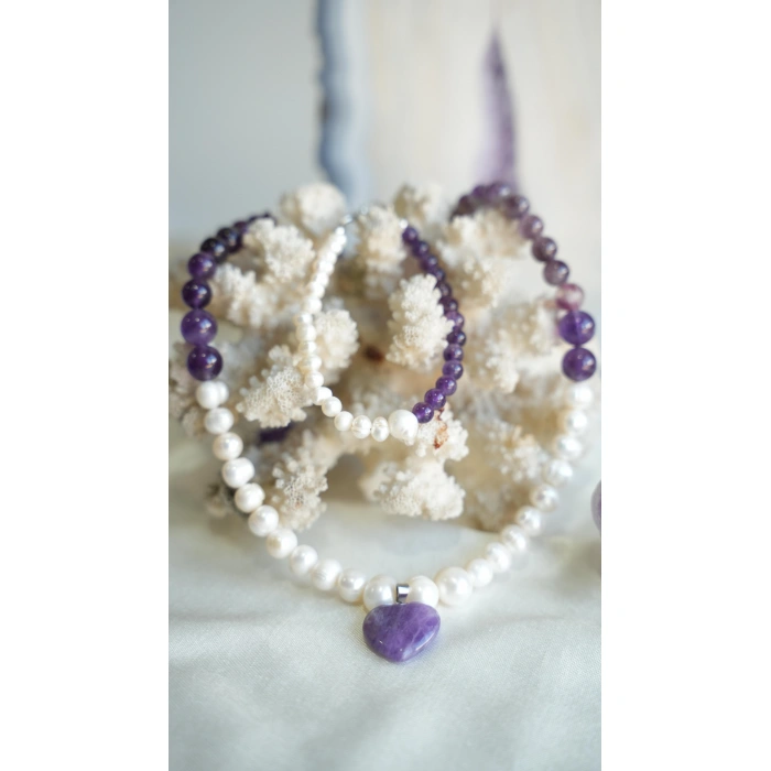 AMETİST VE İNCİ DOĞAL TAŞ KOLYE VE BİLEKLİK