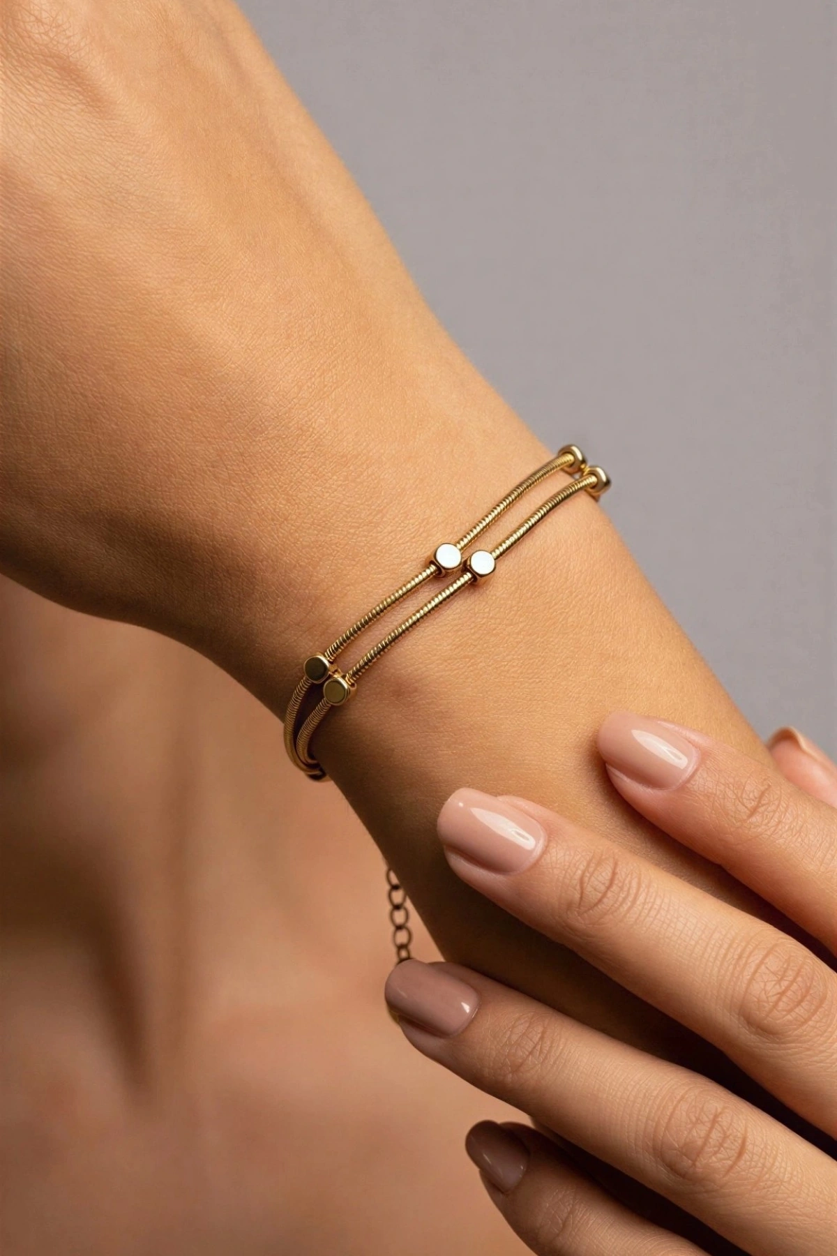 Çift Zincir Küp Model Gold Altın Kaplama Çelik Bileklik