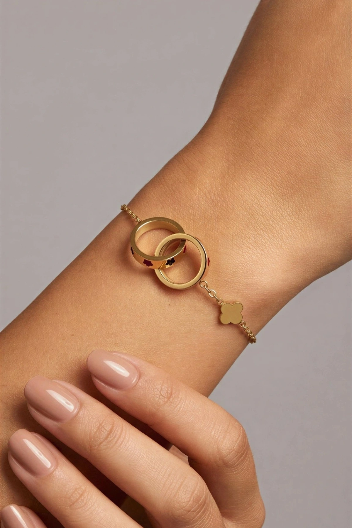 Çift Halka Model Gold Altın Kaplama Çelik Bileklik