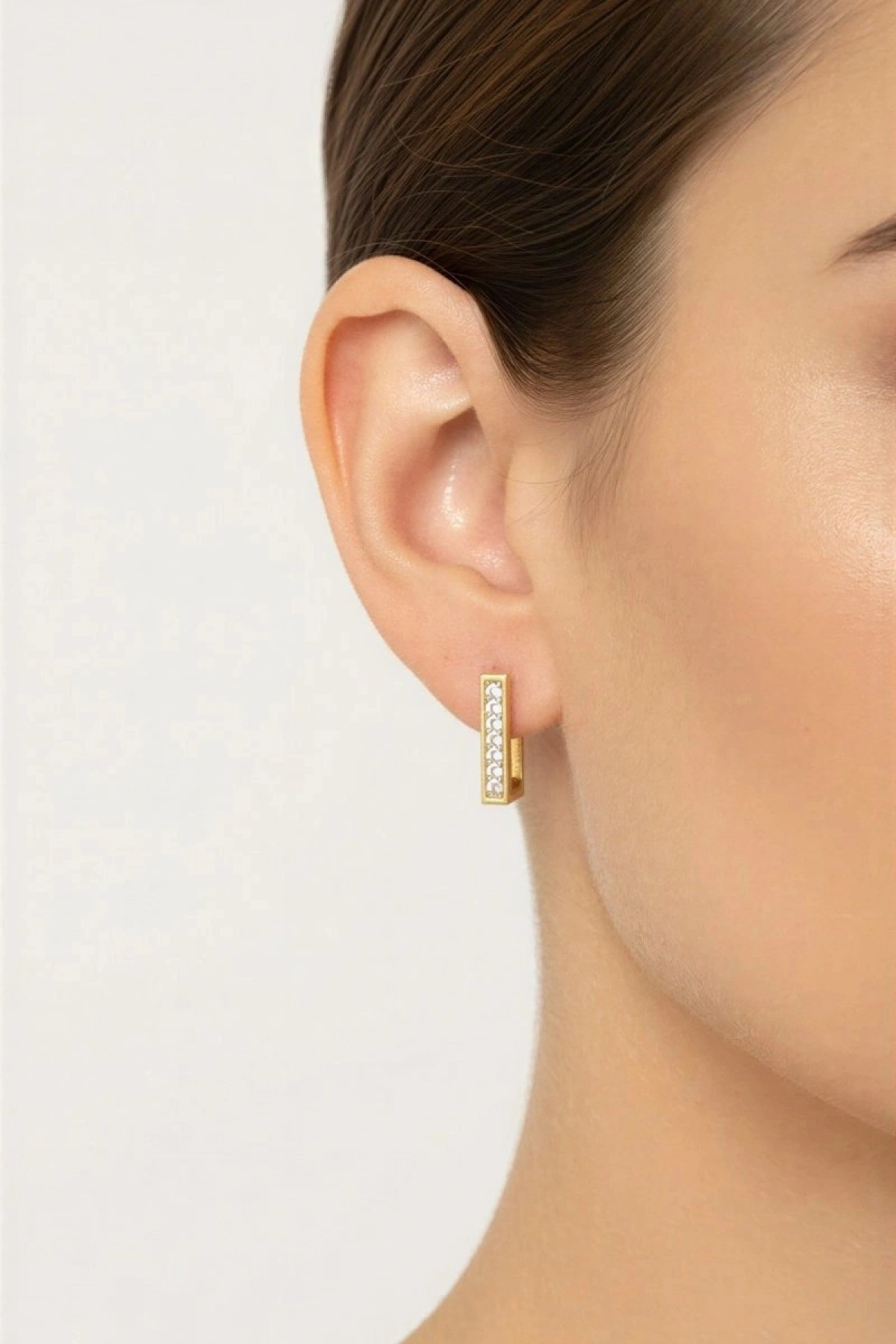 Yarım Dikdörtgen Model Taş Detay Gold Altın Kaplama Çelik Küpe