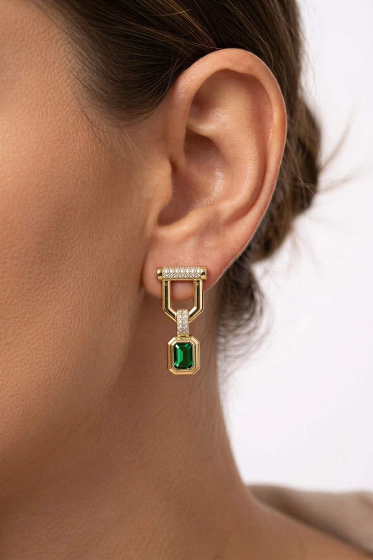 Yeşil Renk Model Gold Altın Kaplama Küpe