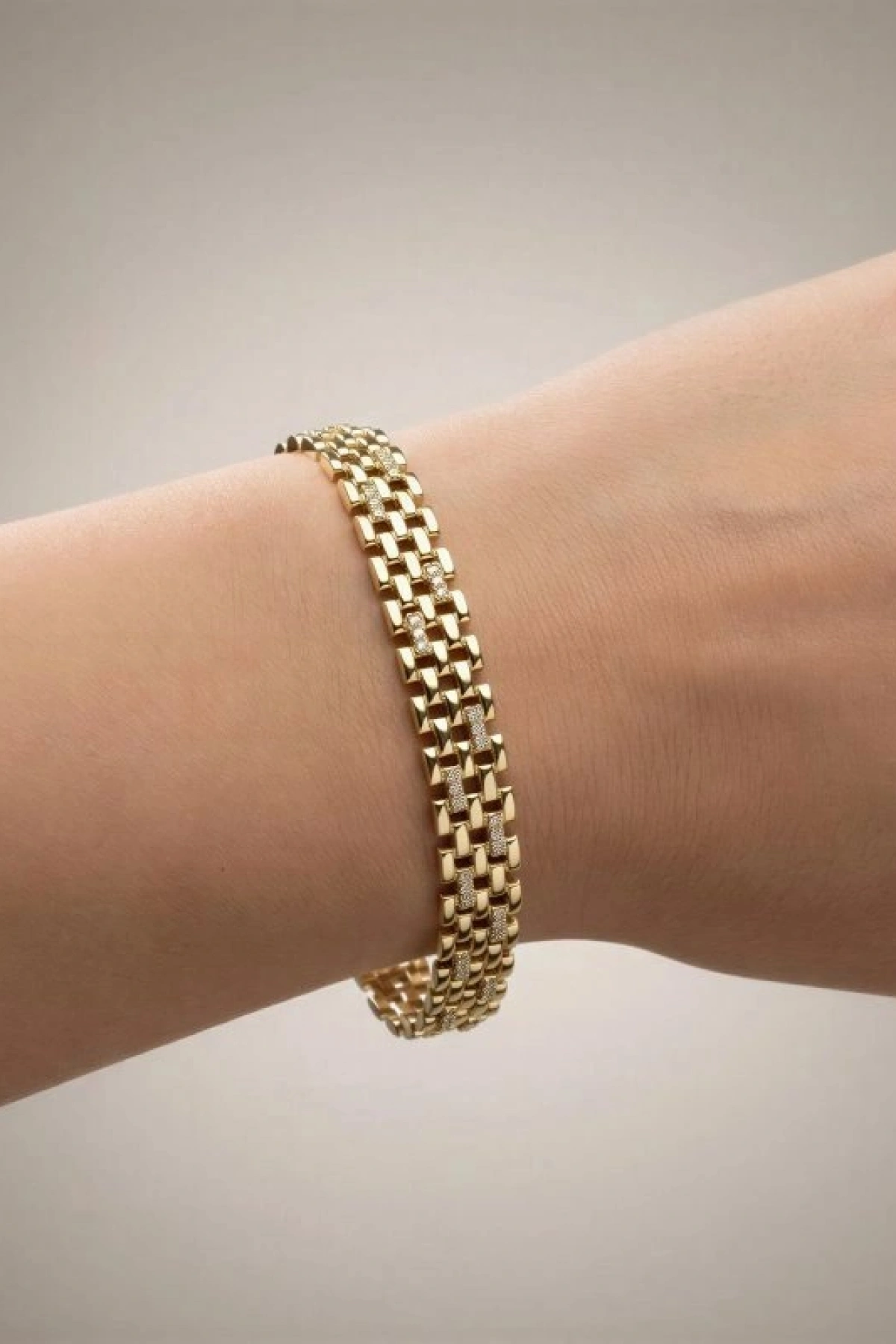 Hasır Model Taş Detay Gold Altın Kaplama Bileklik