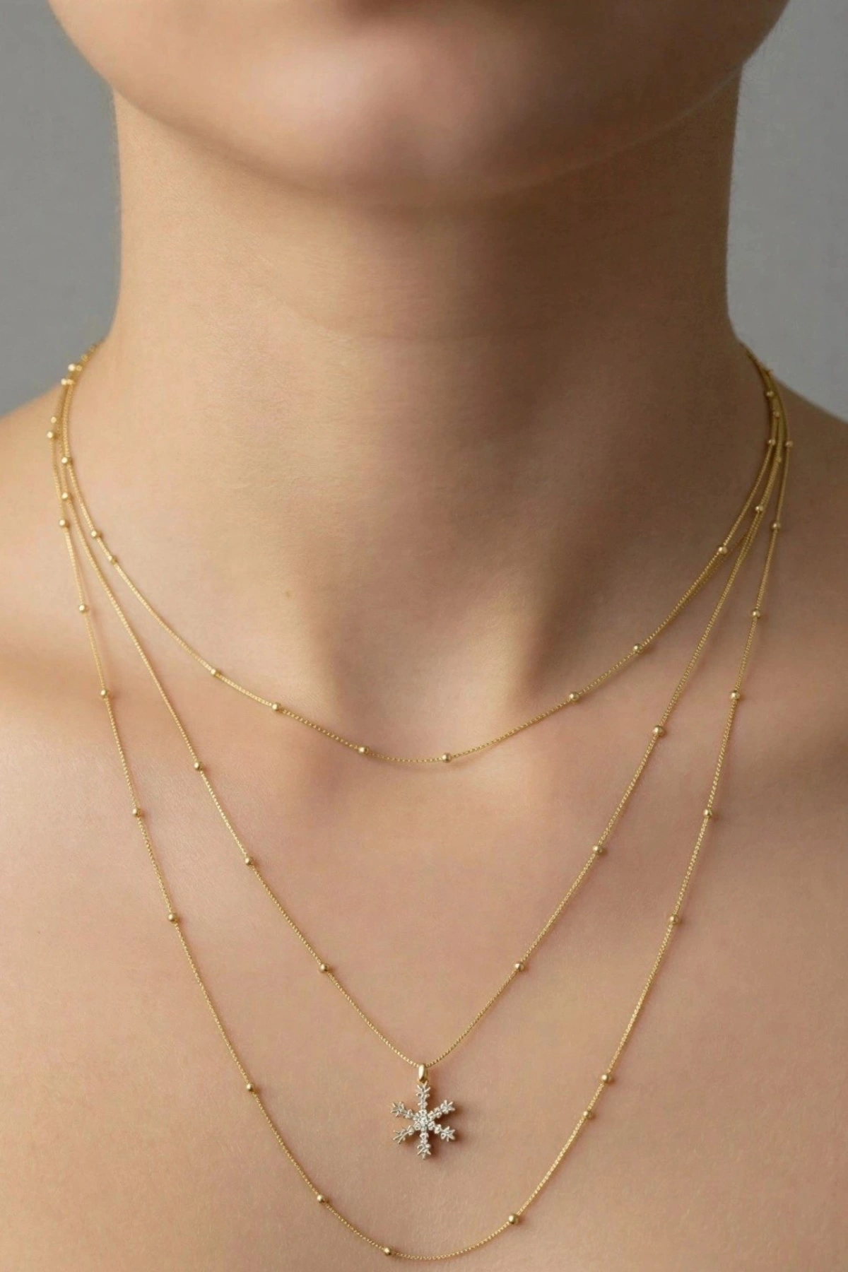 Kar Tanesi Model Gold Altın Kaplama Üçlü Kolye
