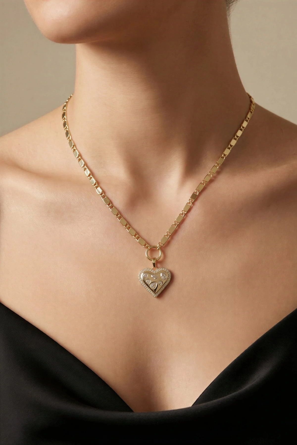 Arpa Zincir Taşlı Kalp Model Gold Altın Kaplama Kolye