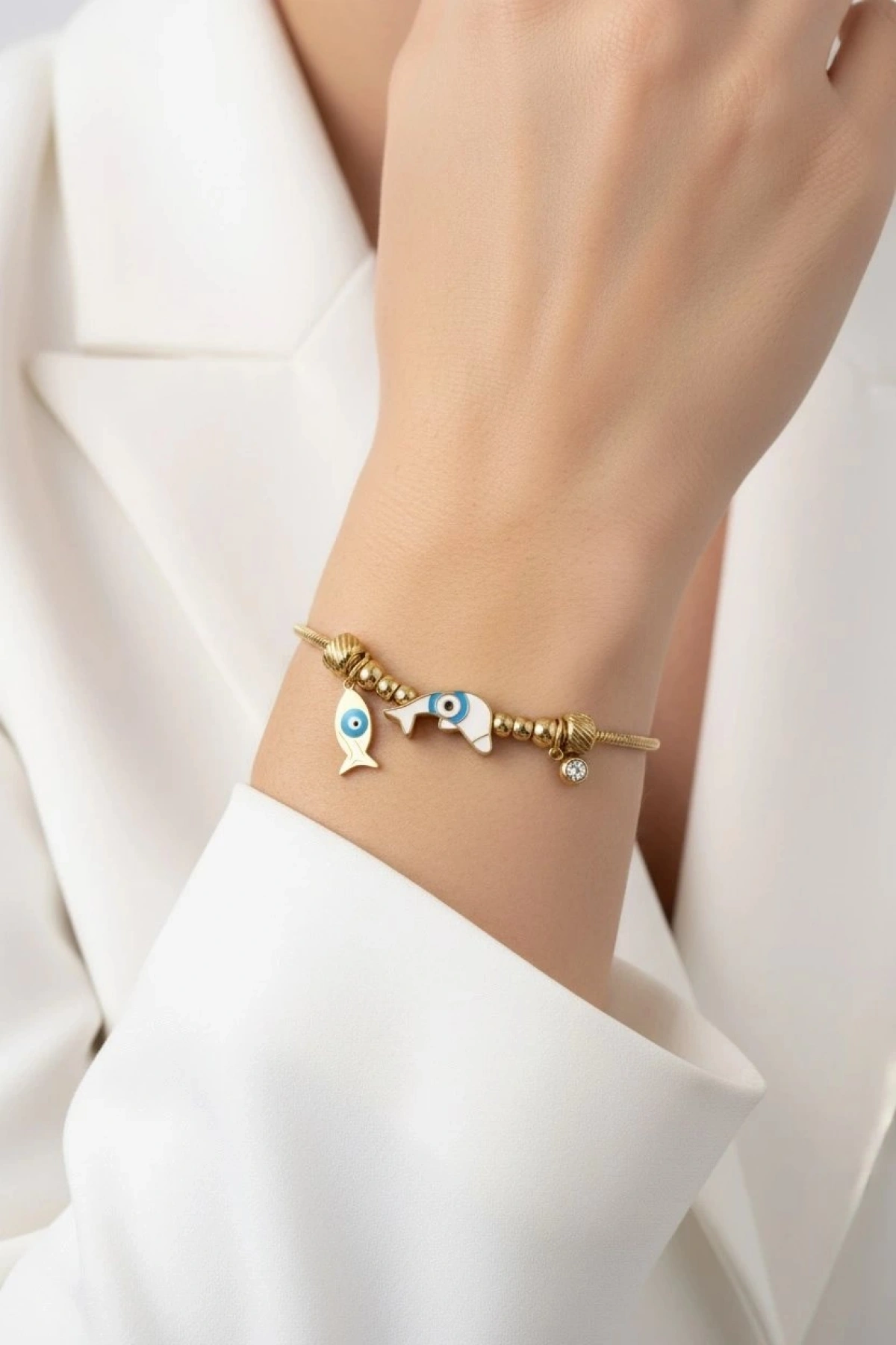 Boru Zincir Balık Motif Nazar Boncuk Detay Gold Altın Kaplama Çelik Bileklik