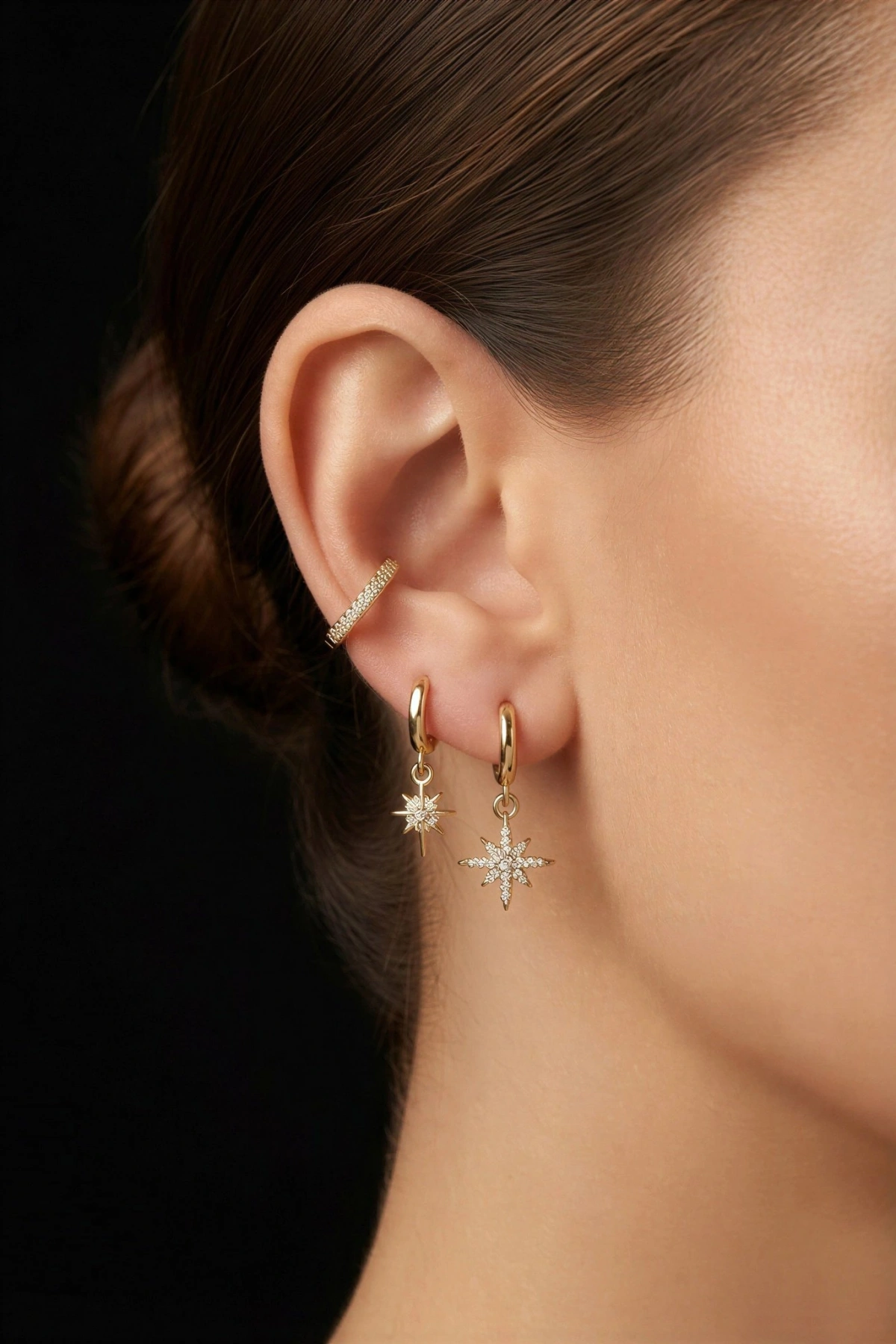 Taşlı Kuzey Yıldızı Model Gold Altın Kaplama Üçlü Küpe