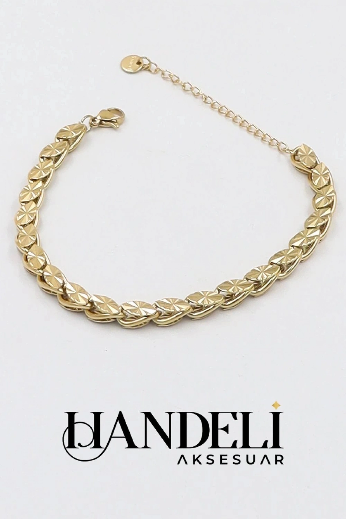 İşlemeli Arpa Model Gold Altın Kaplama Çelik Bileklik