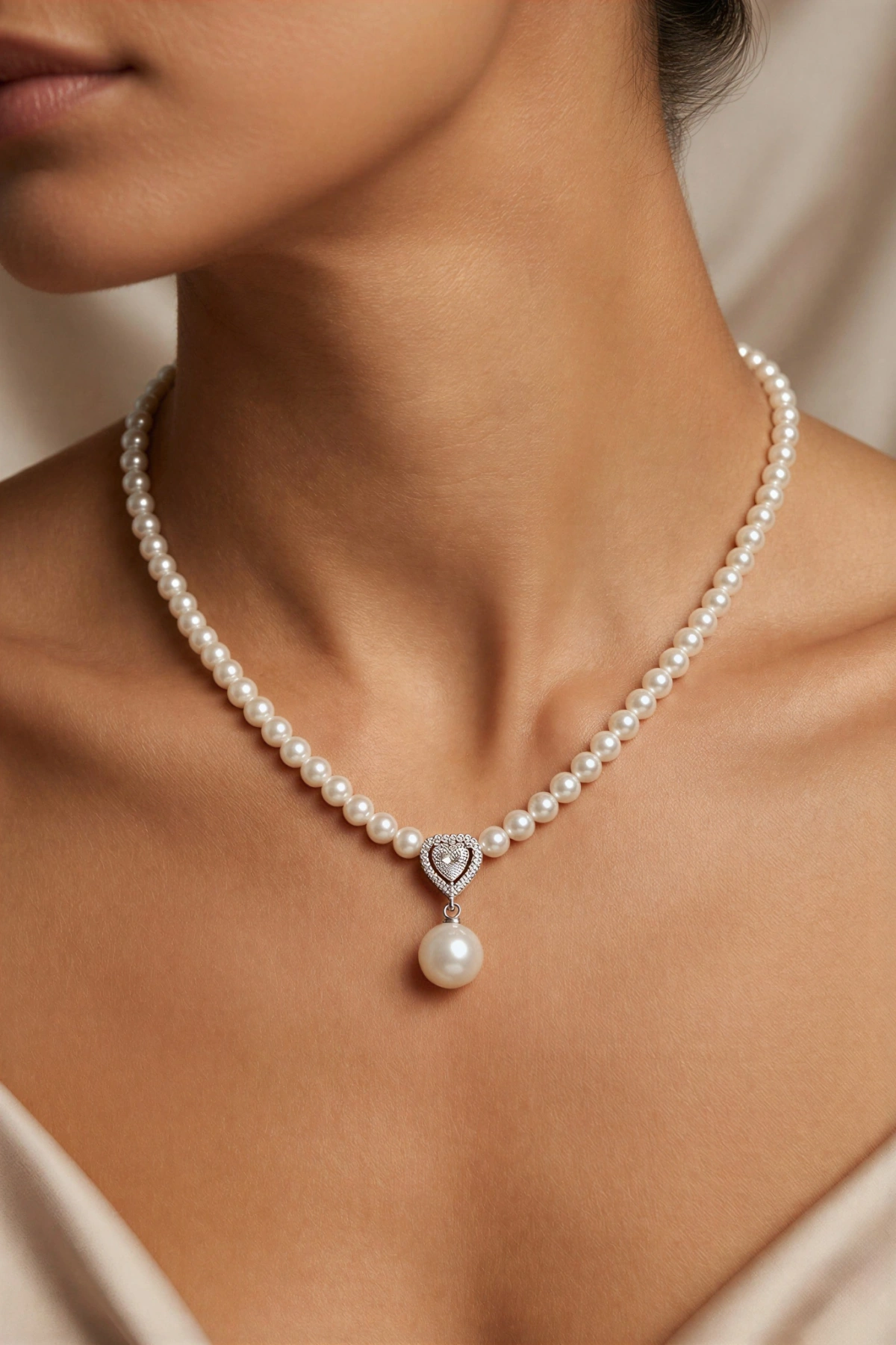 İnci Model Kalp Detay Gold Altın Kaplama Kolye