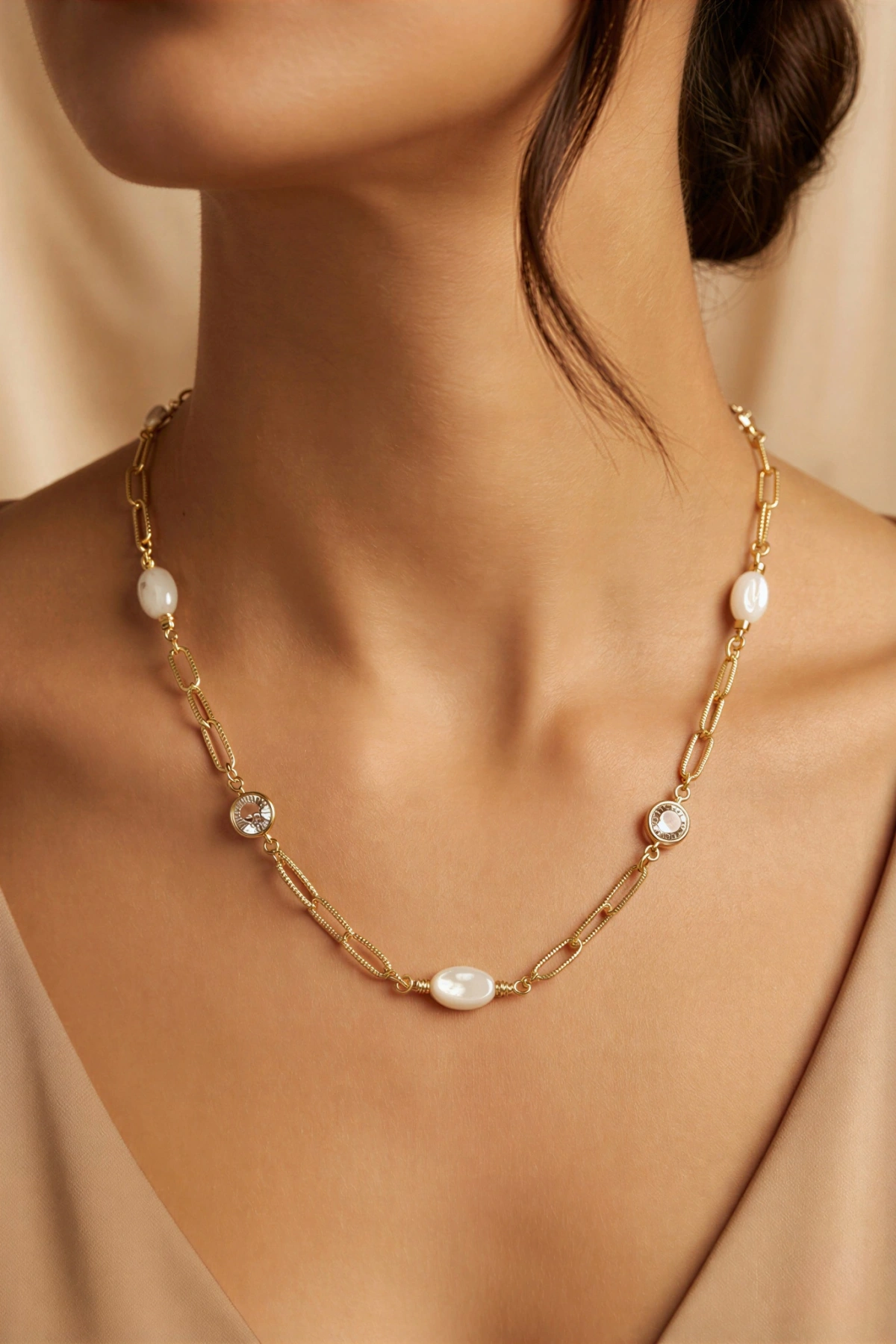 Elips Sedef Taş Model Gold Altın Kaplama Kolye