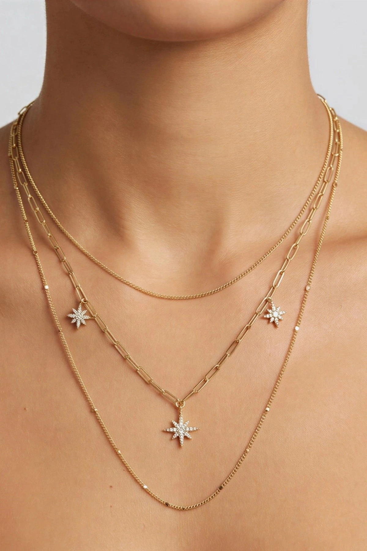 Taşlı Yıldız Model Gold Altın Kaplama Üçlü Kolye