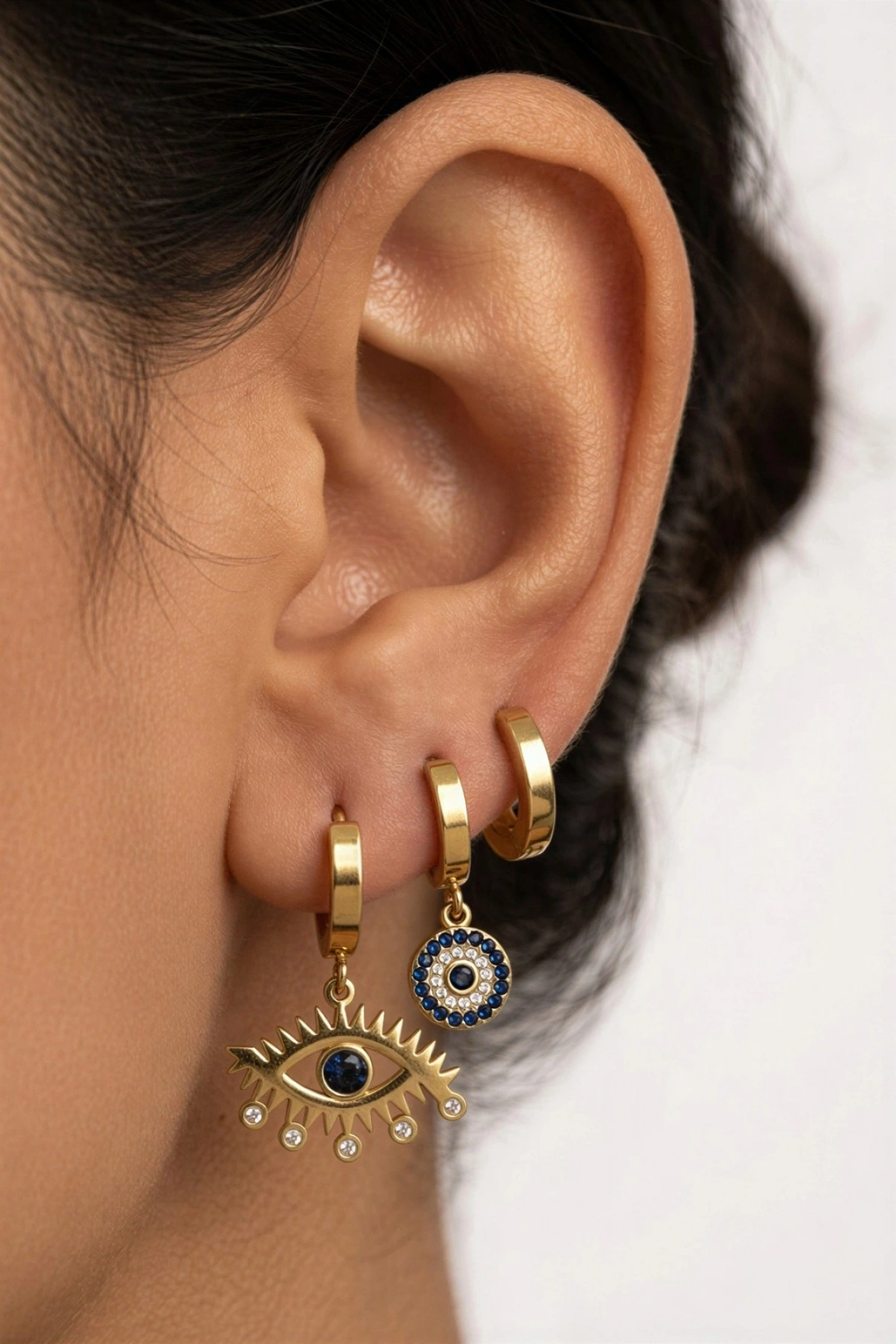 Nazar Göz Model Gold Altın Kaplama Çelik Üçlü Küpe