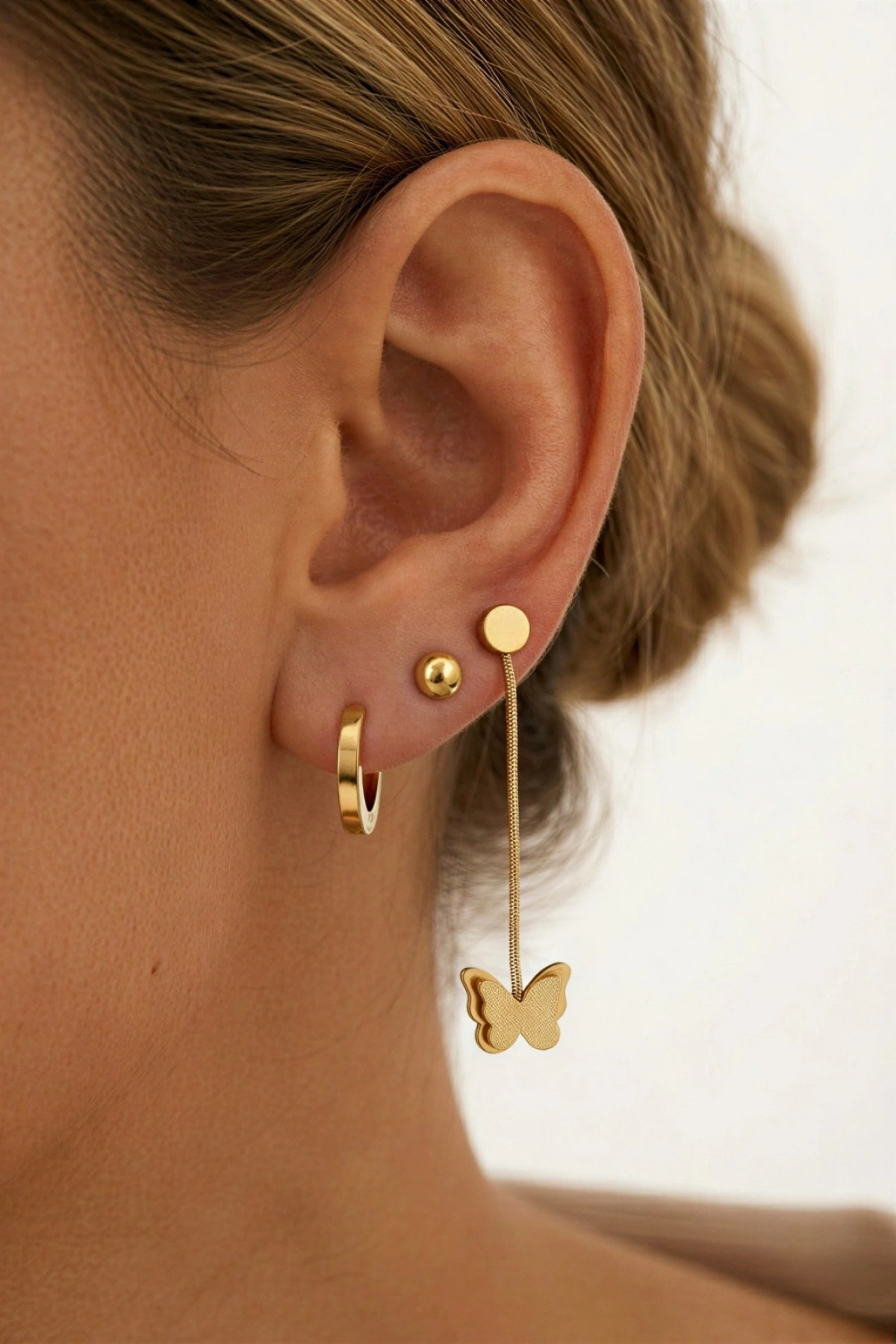 Simli Kelebek Model Top Kulaklık Altılı Gold Altın Kaplama Küpe