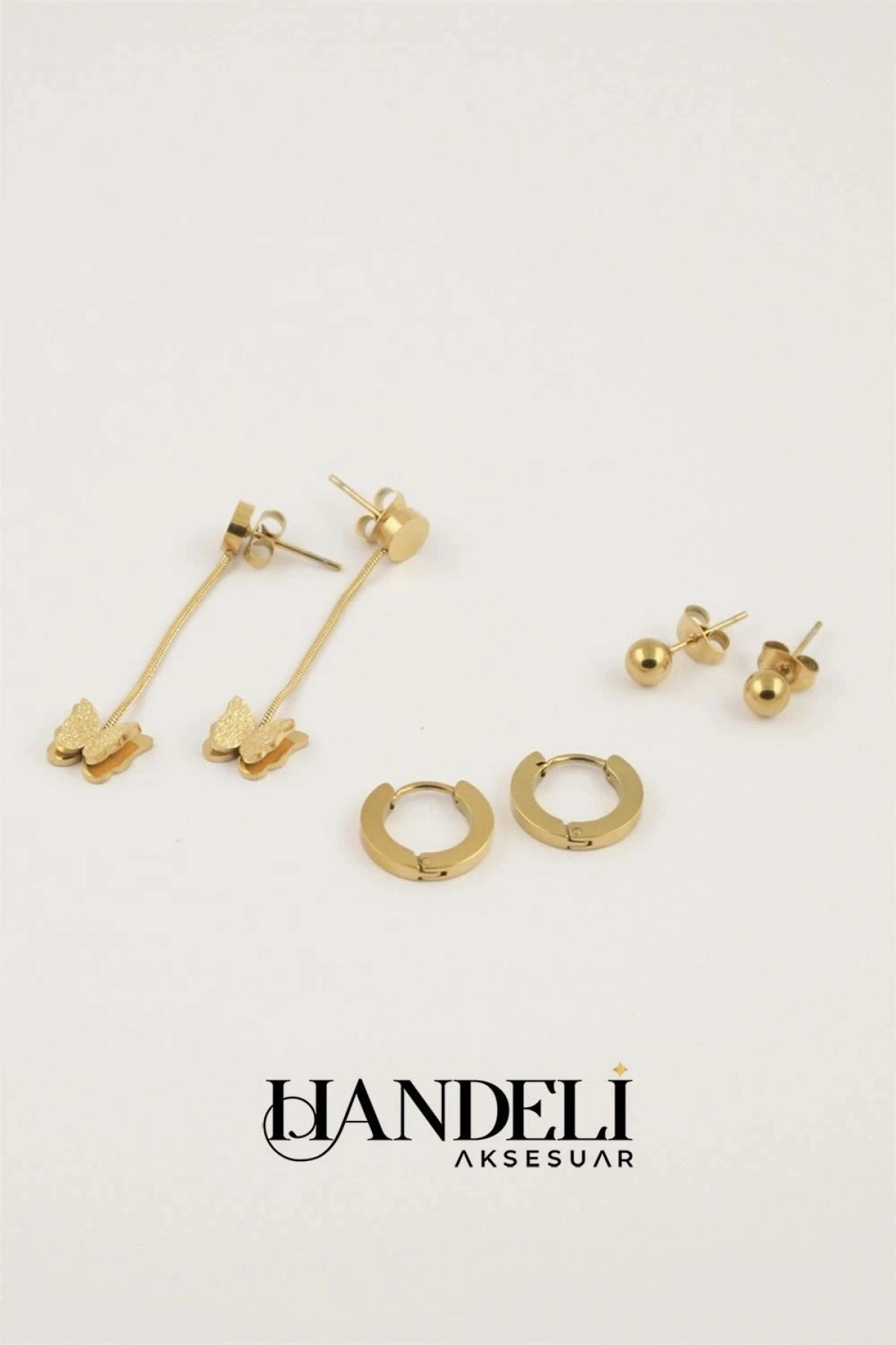 Simli Kelebek Model Top Kulaklık Altılı Gold Altın Kaplama Küpe