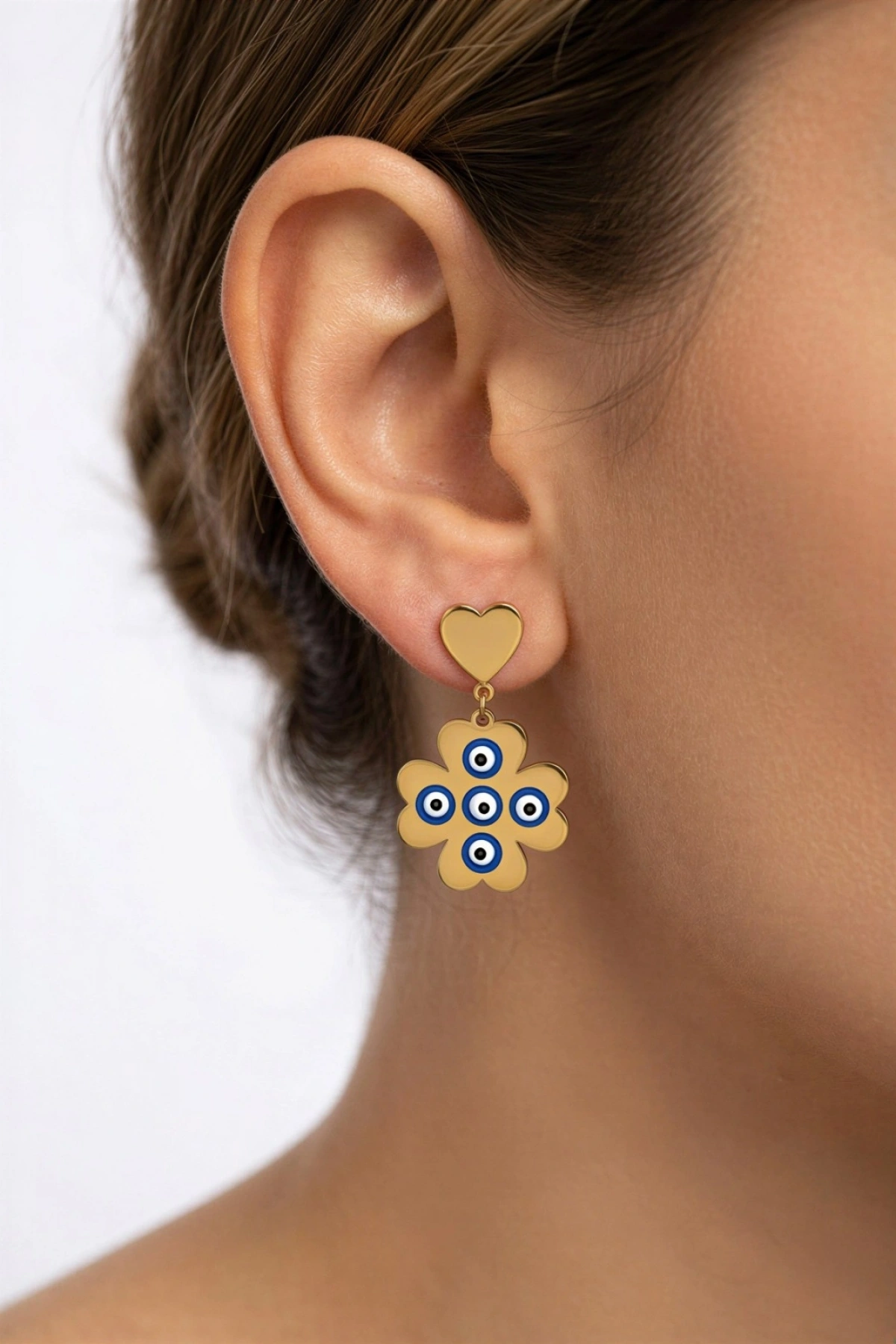 Yonca Kalp Model Nazar Boncuklu Gold Altın Kaplama Çelik Küpe