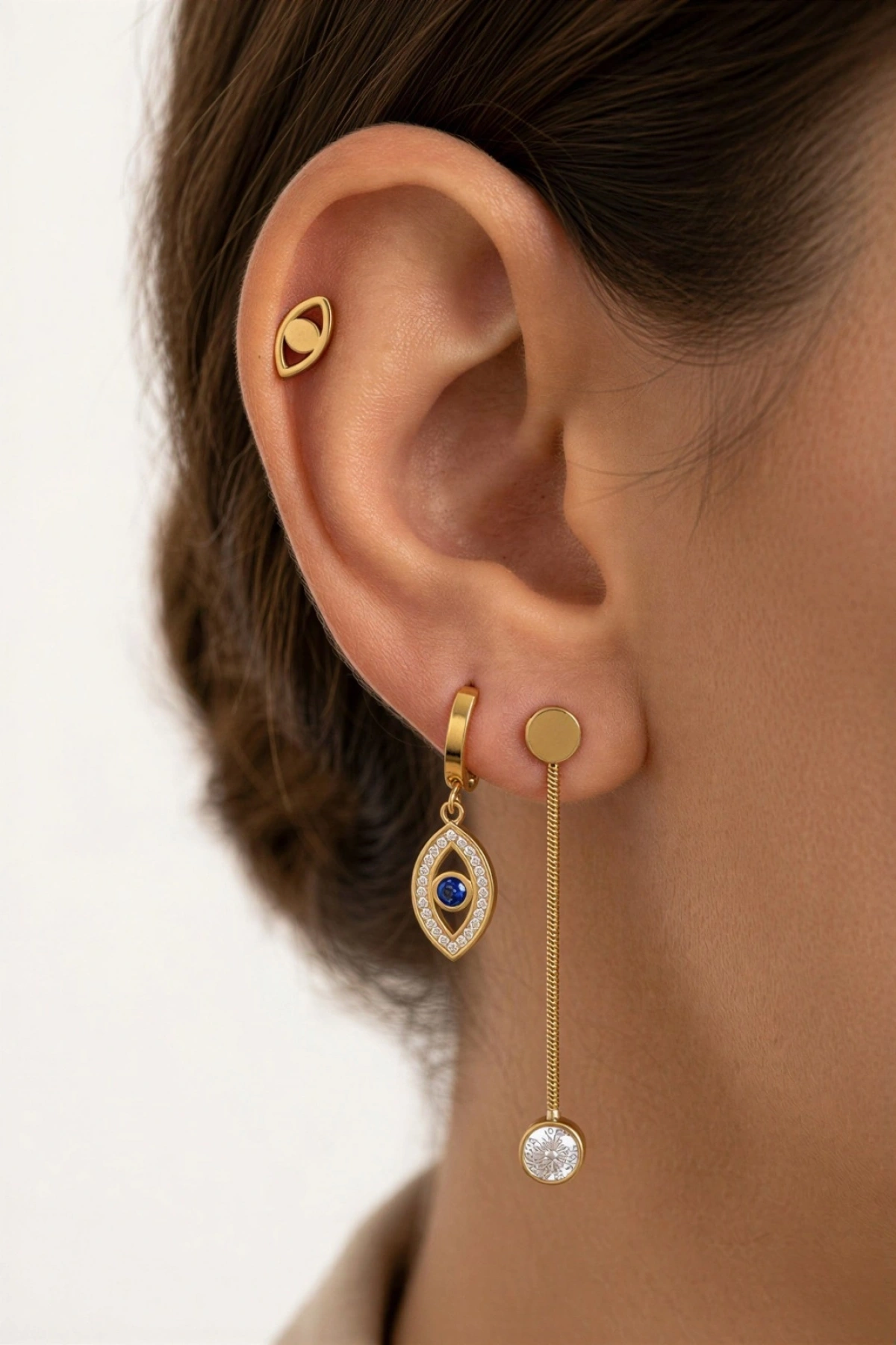 Sallantılı Göz Model Gold Altın Kaplama Altılı Küpe