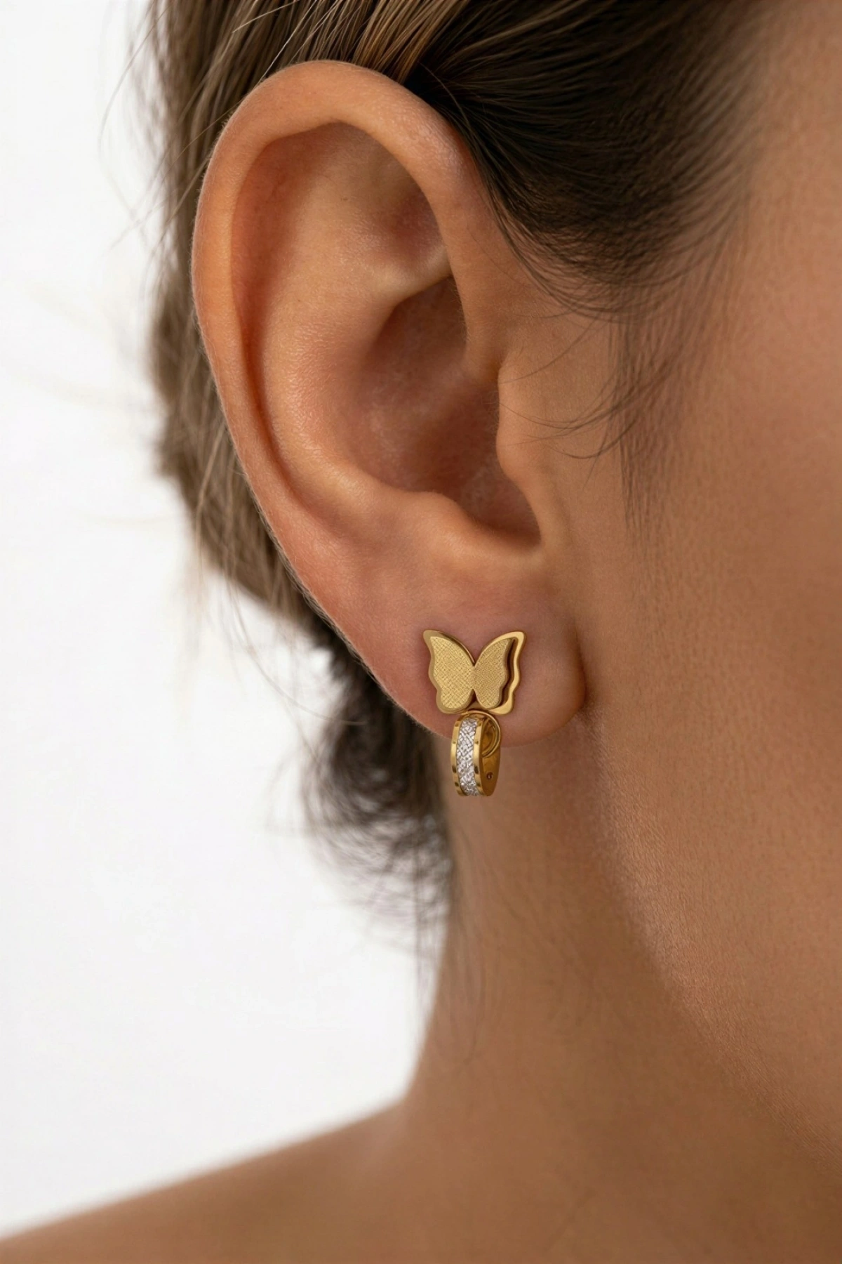 Simli Kelebek Model Silindir Gold Altın Kaplama Çelik Küpe