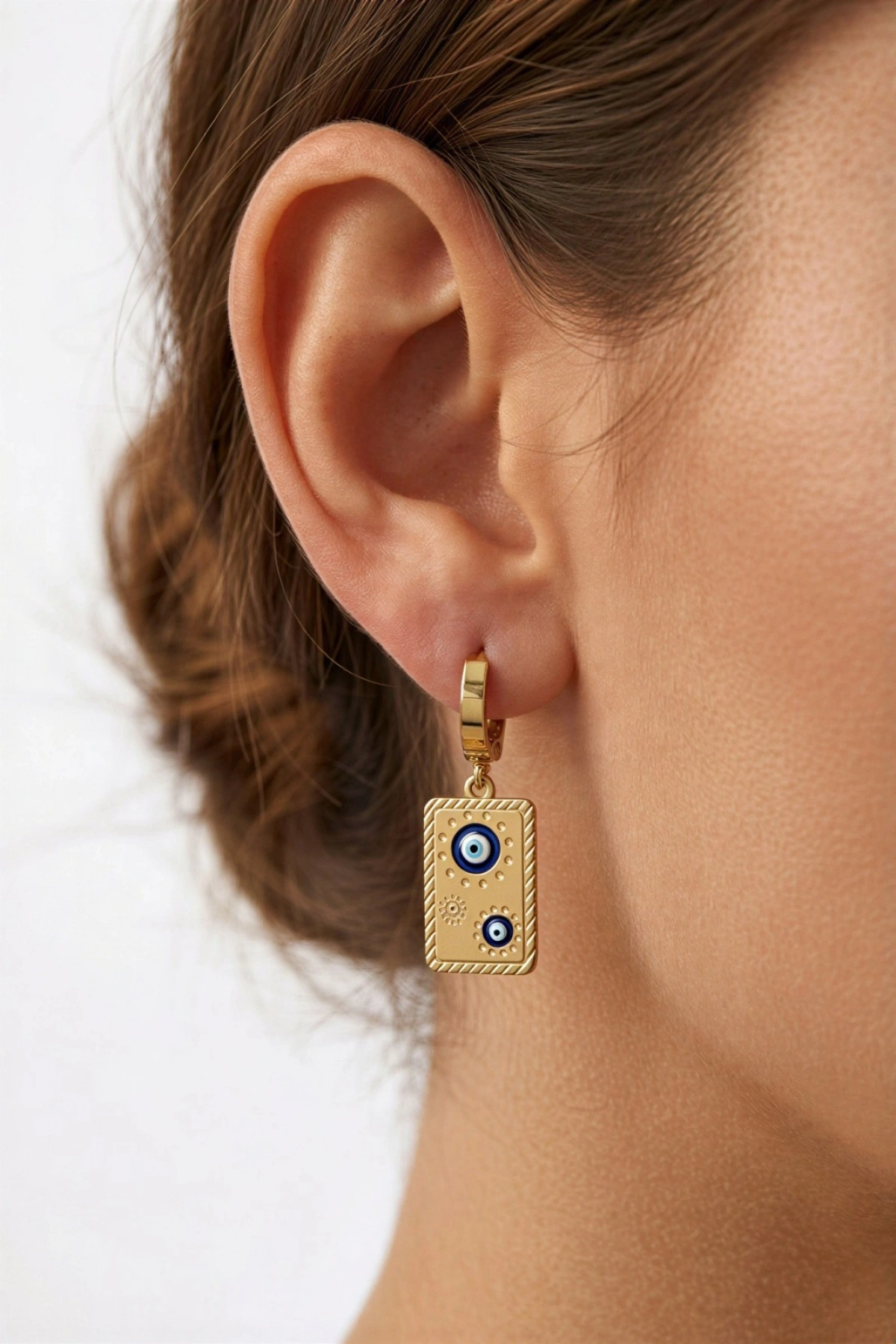 Plaka Nazar Boncuk Model Gold Altın Kaplama Çelik Küpe