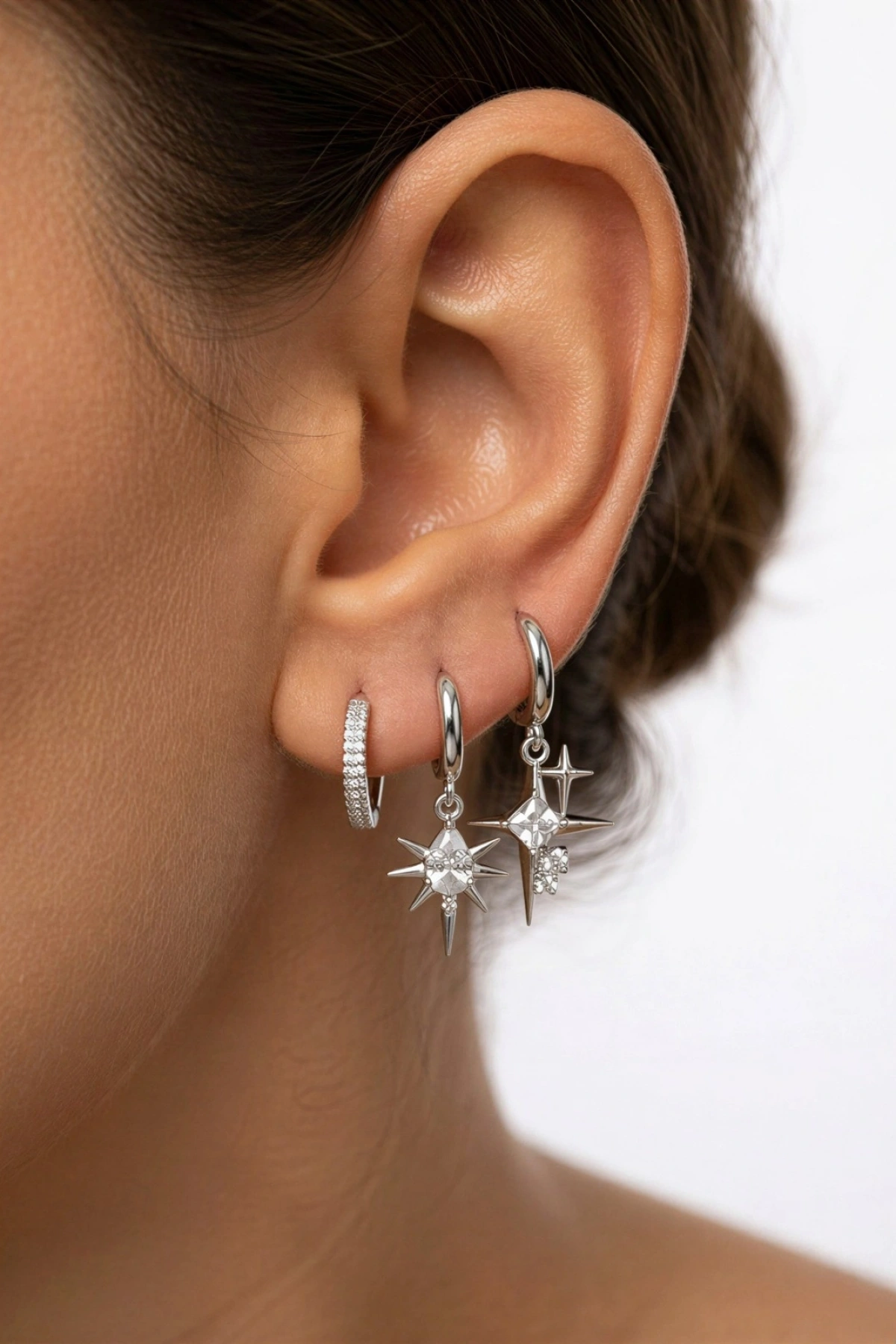 Yıldız Taş Detay Beyaz Altın Kaplama Üçlü Küpe