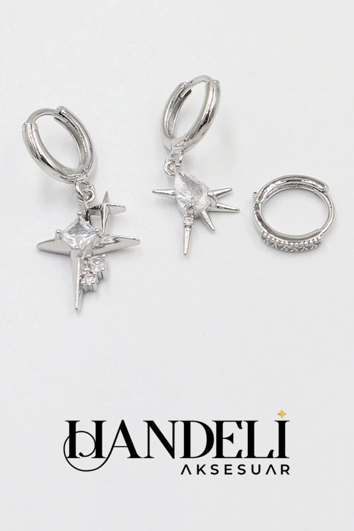 Yıldız Taş Detay Beyaz Altın Kaplama Üçlü Küpe