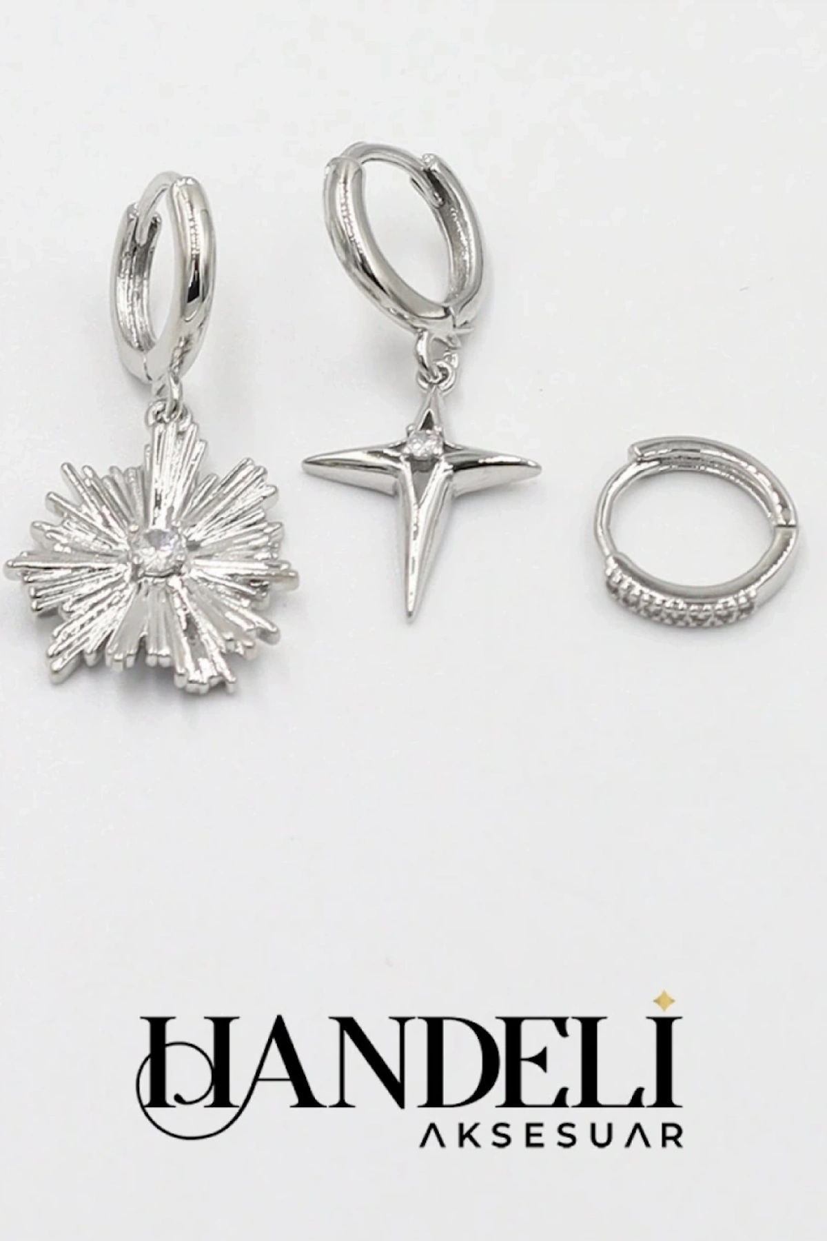 Meteor Detay Beyaz Altın Kaplama Üçlü Küpe