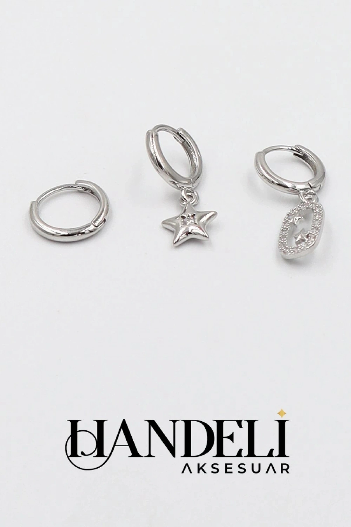 Çift Yıldız Detay Beyaz Altın Kaplama Üçlü Küpe