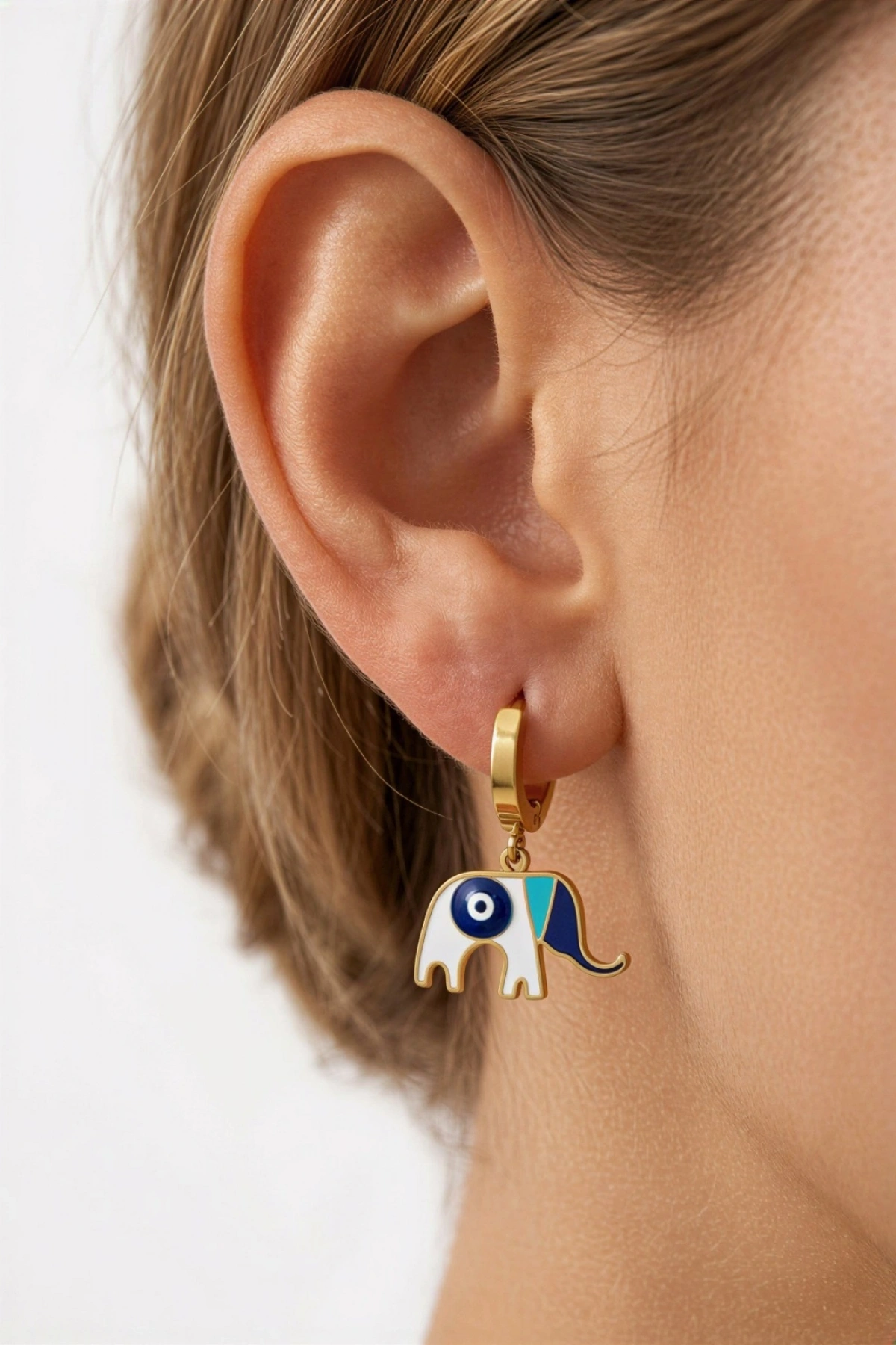 Renkli Fil Model Gold Çelik Altın Kaplama Küpe