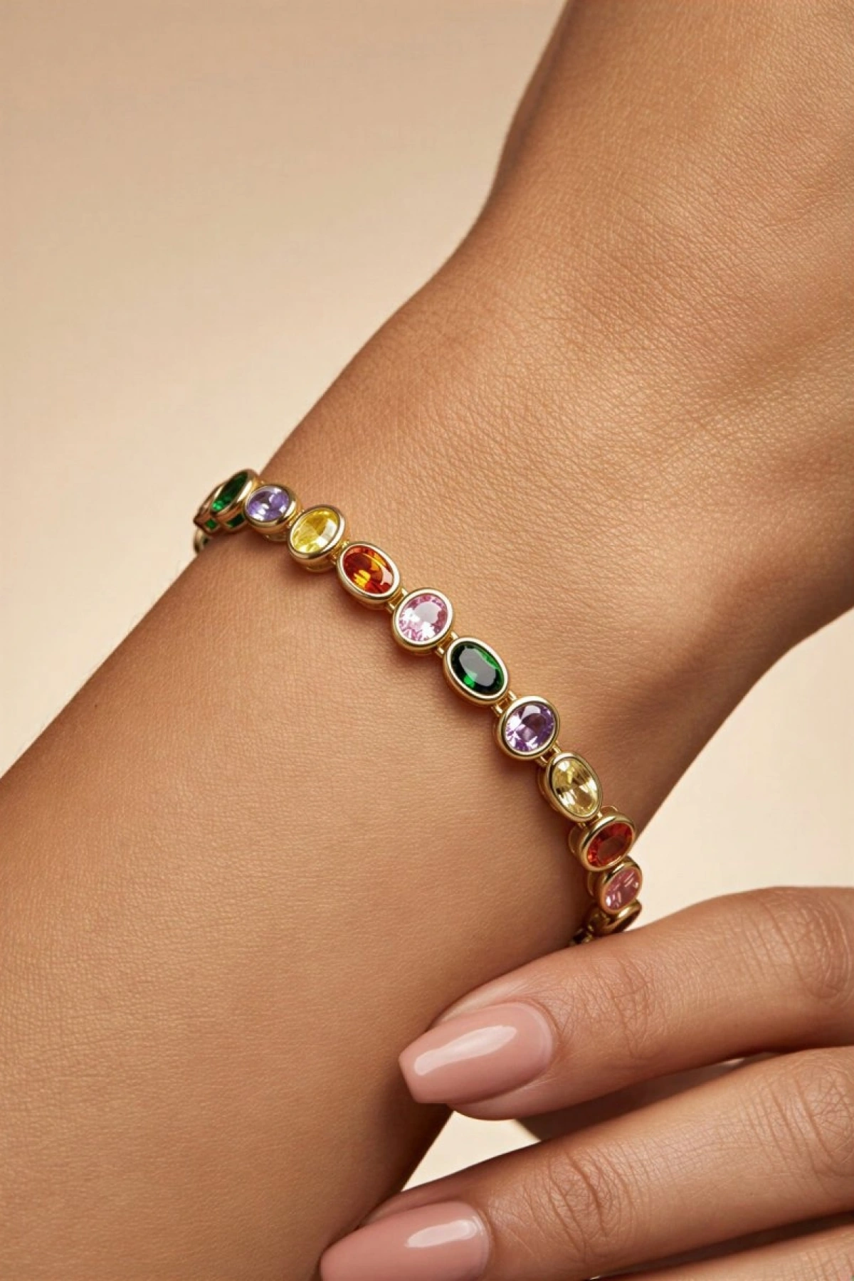 Renkli Elips Halka Model Gold Altın Kaplama Bileklik