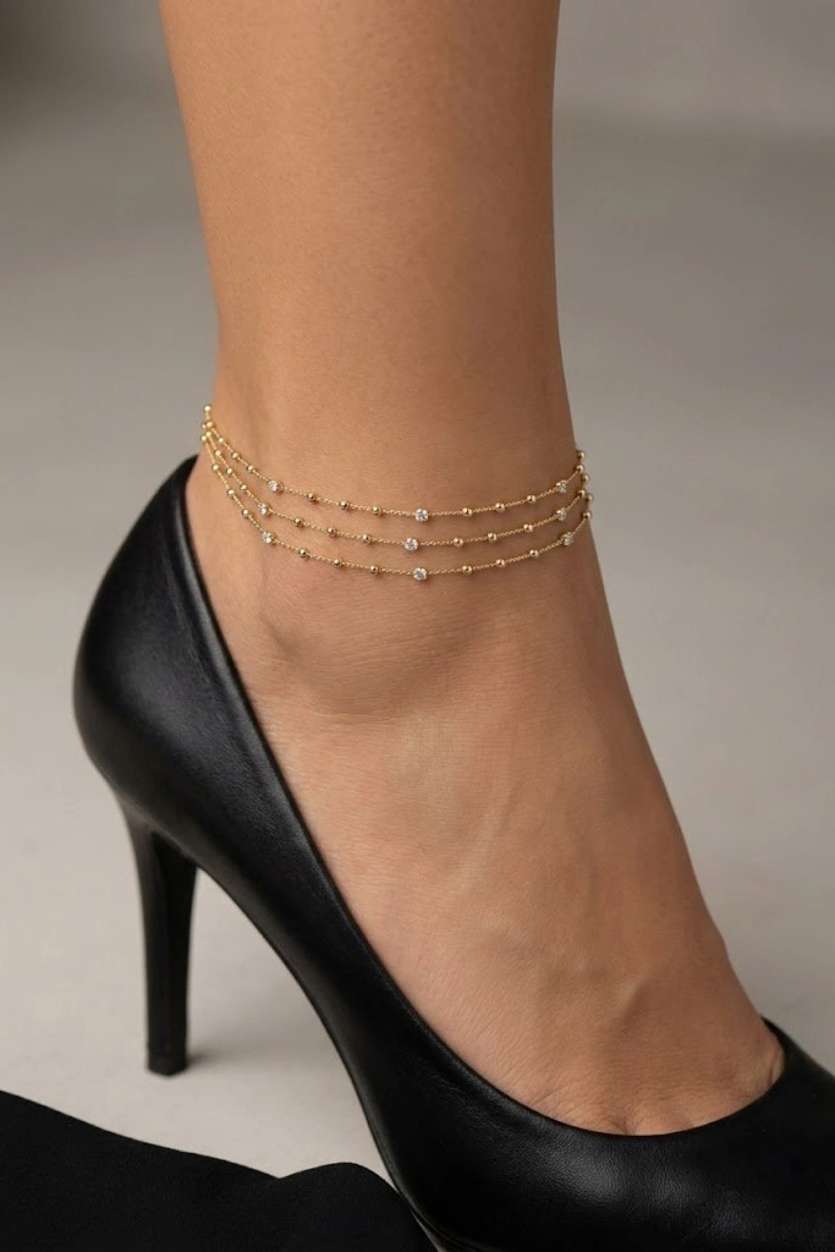 Üç Sıra Taşlı Dorika Model Gold Altın Kaplama Halhal