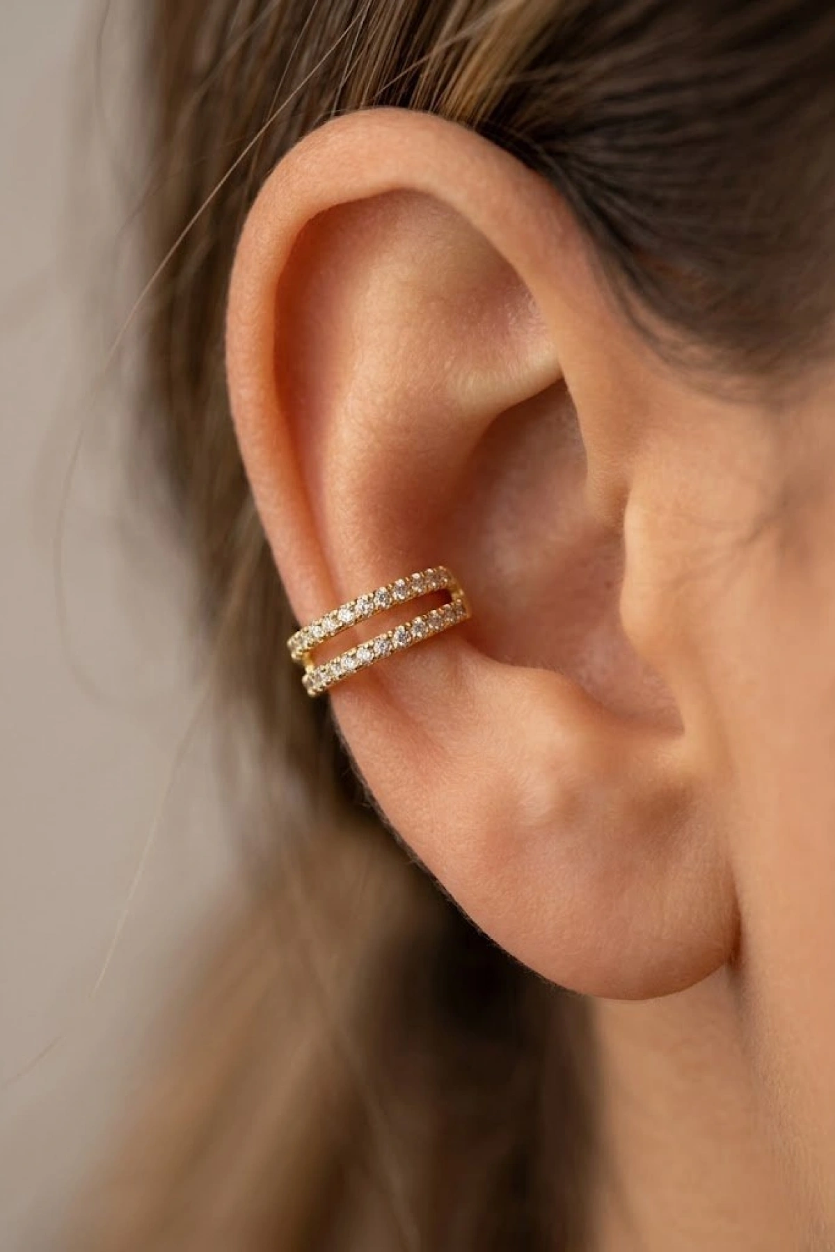 Çift Sıra Taş Model Gold Altın Kaplama Ear Cuff
