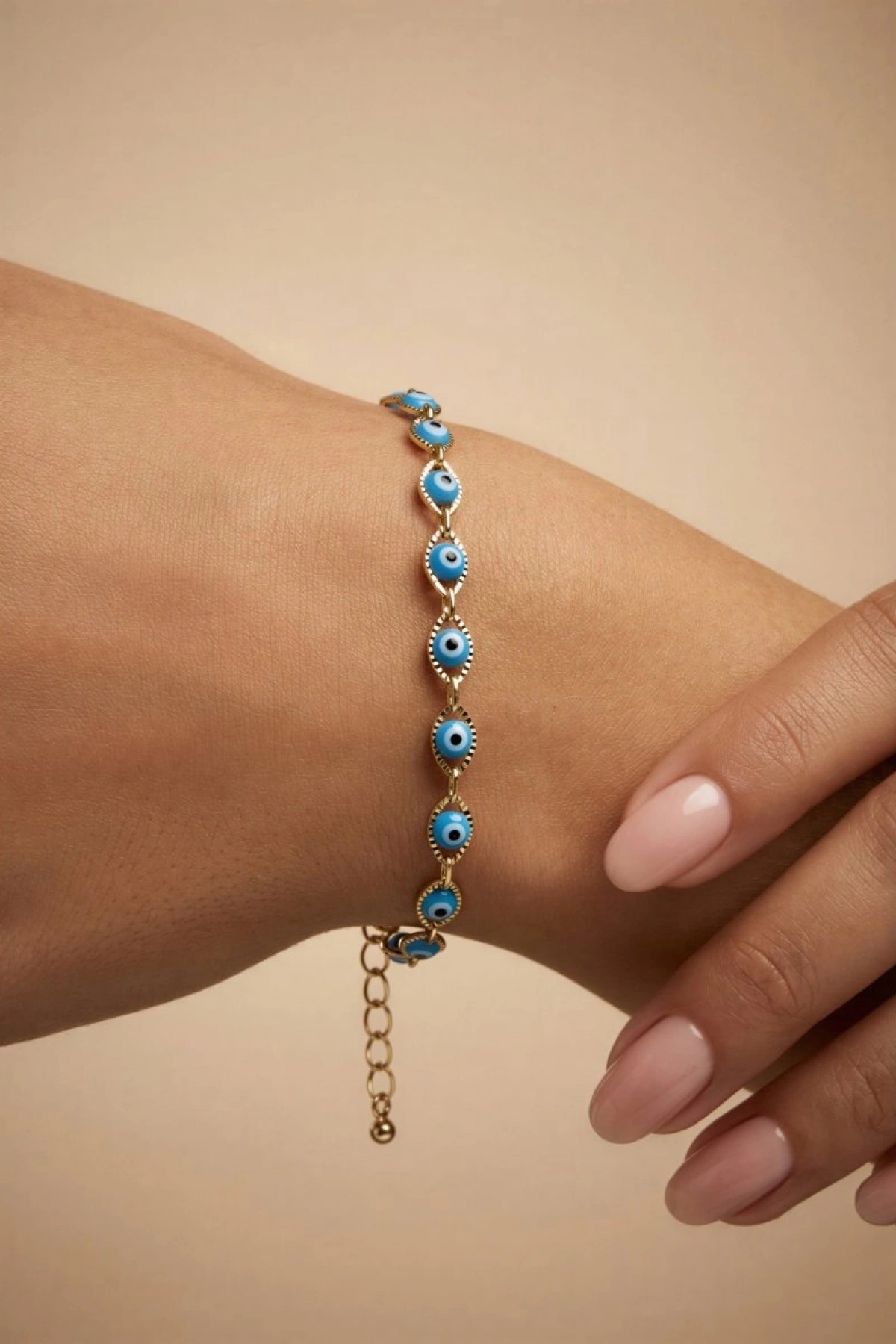 Sıralı Mavi Nazar Boncuk Model Gold Altın Kaplama Bileklik
