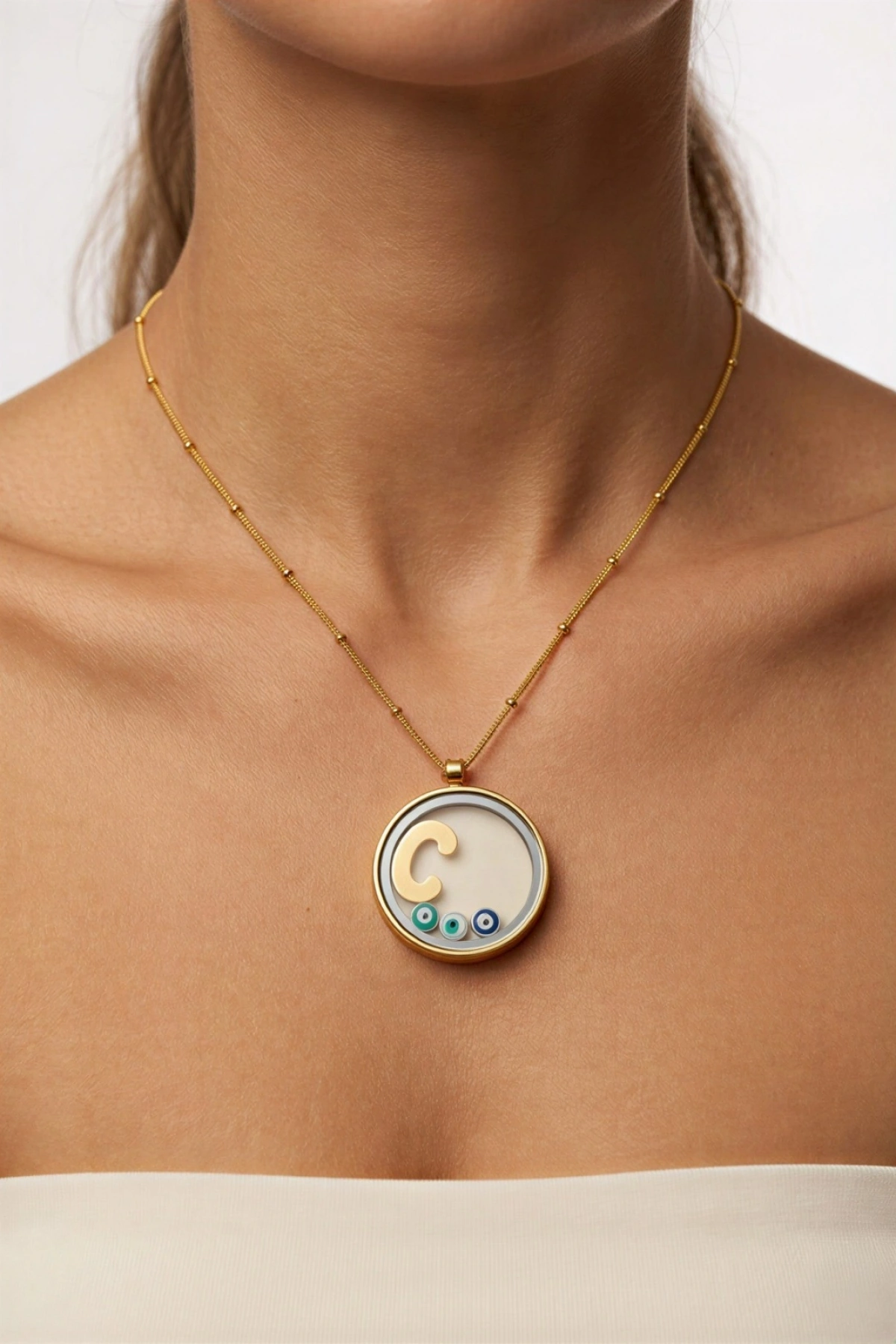 C Harf Detay Cam Çerçeve Dorika Zincir Gold Altın Kaplama Çelik Kolye