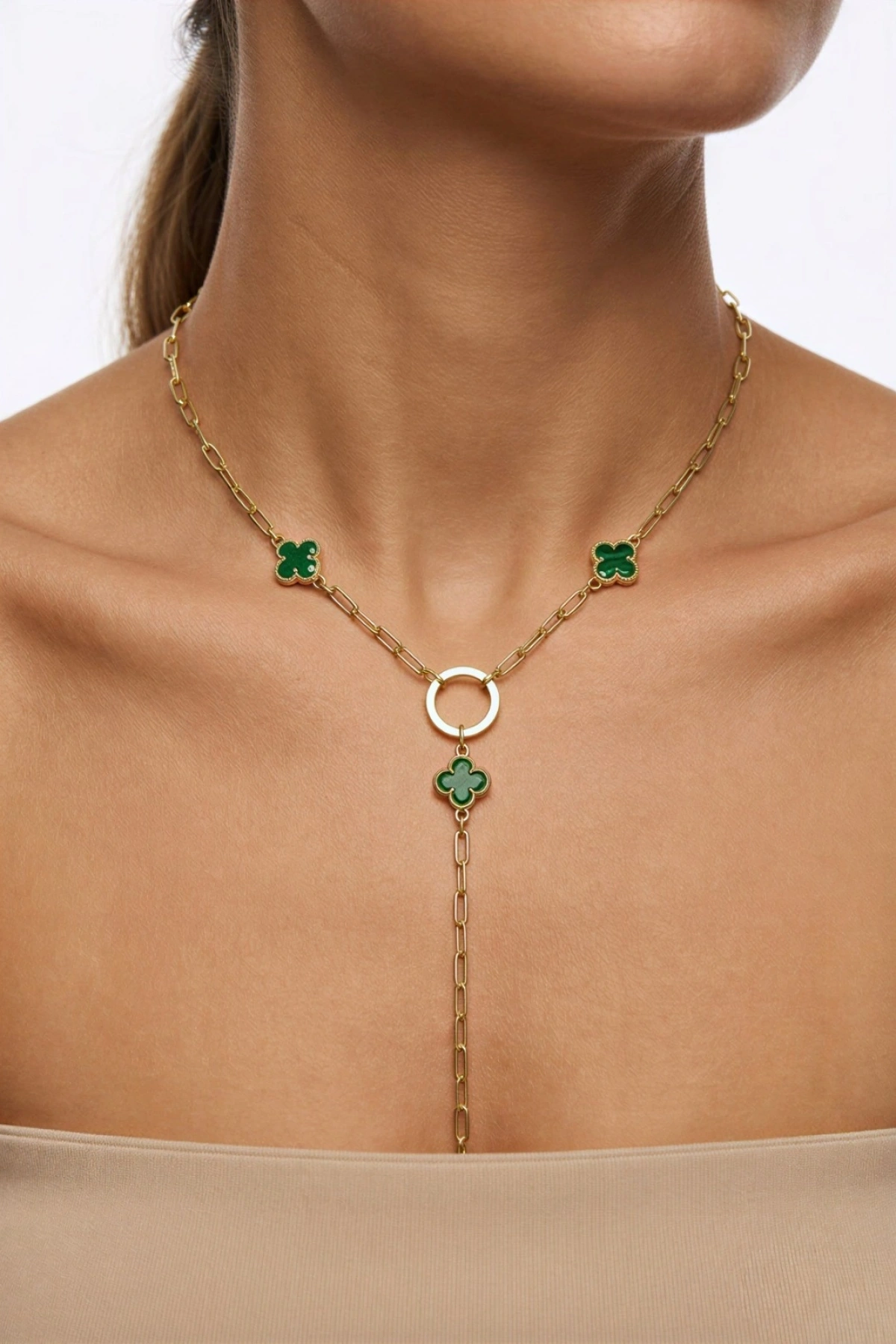 Y Model Yeşil Yonca Detay Gold Altın Kaplama Kolye