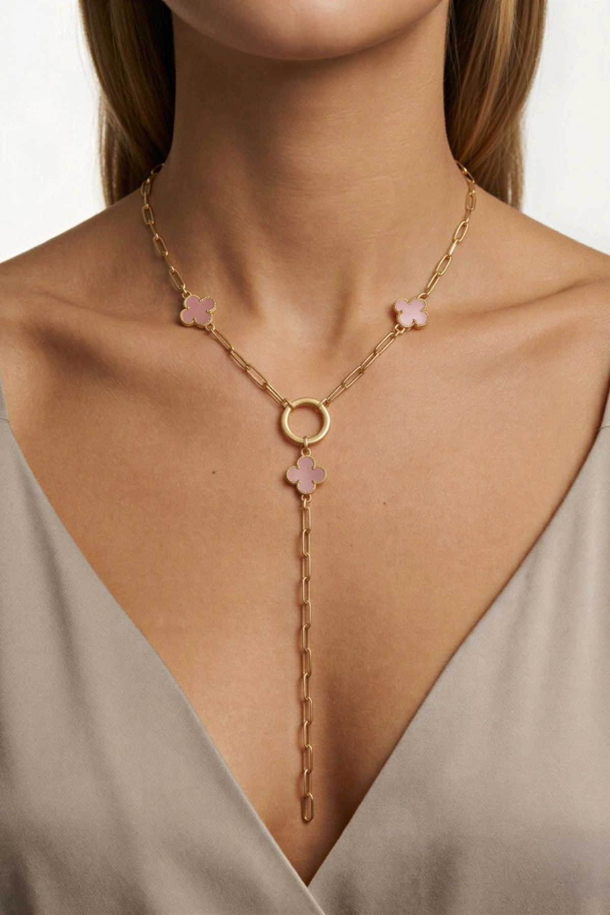 Y Model Pembe Yonca Detay Gold Altın Kaplama Kolye